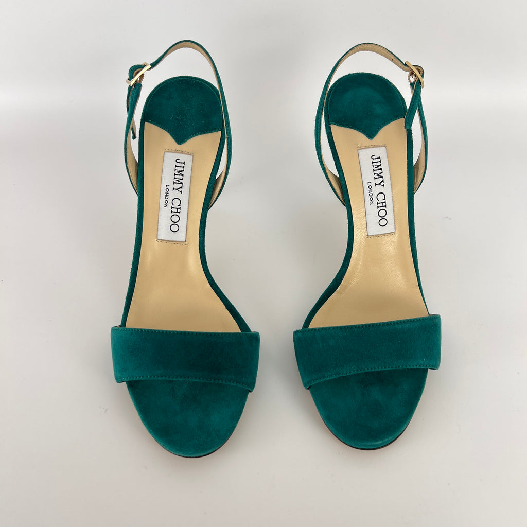Jimmy Choo | Green Emerald Suede Leather Strappy Slingback Sandal Heels (38.5)