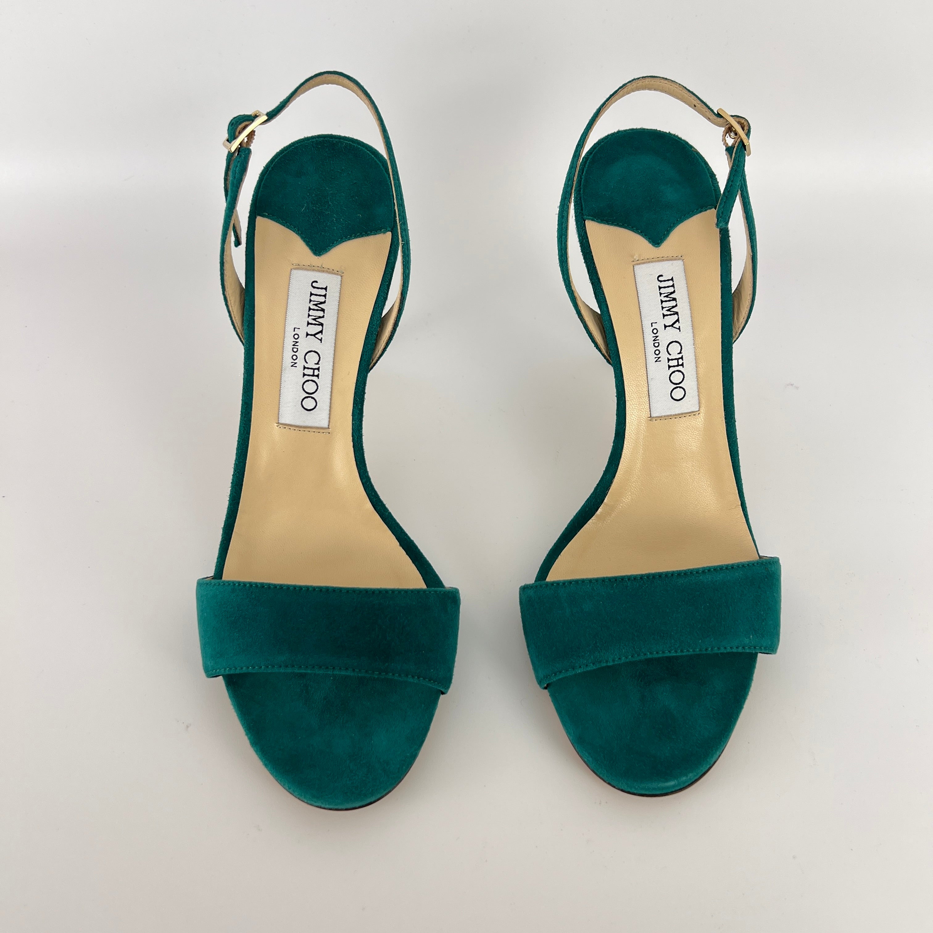 Jimmy Choo | Green Emerald Suede Leather Strappy Slingback Sandal Heels (38.5)