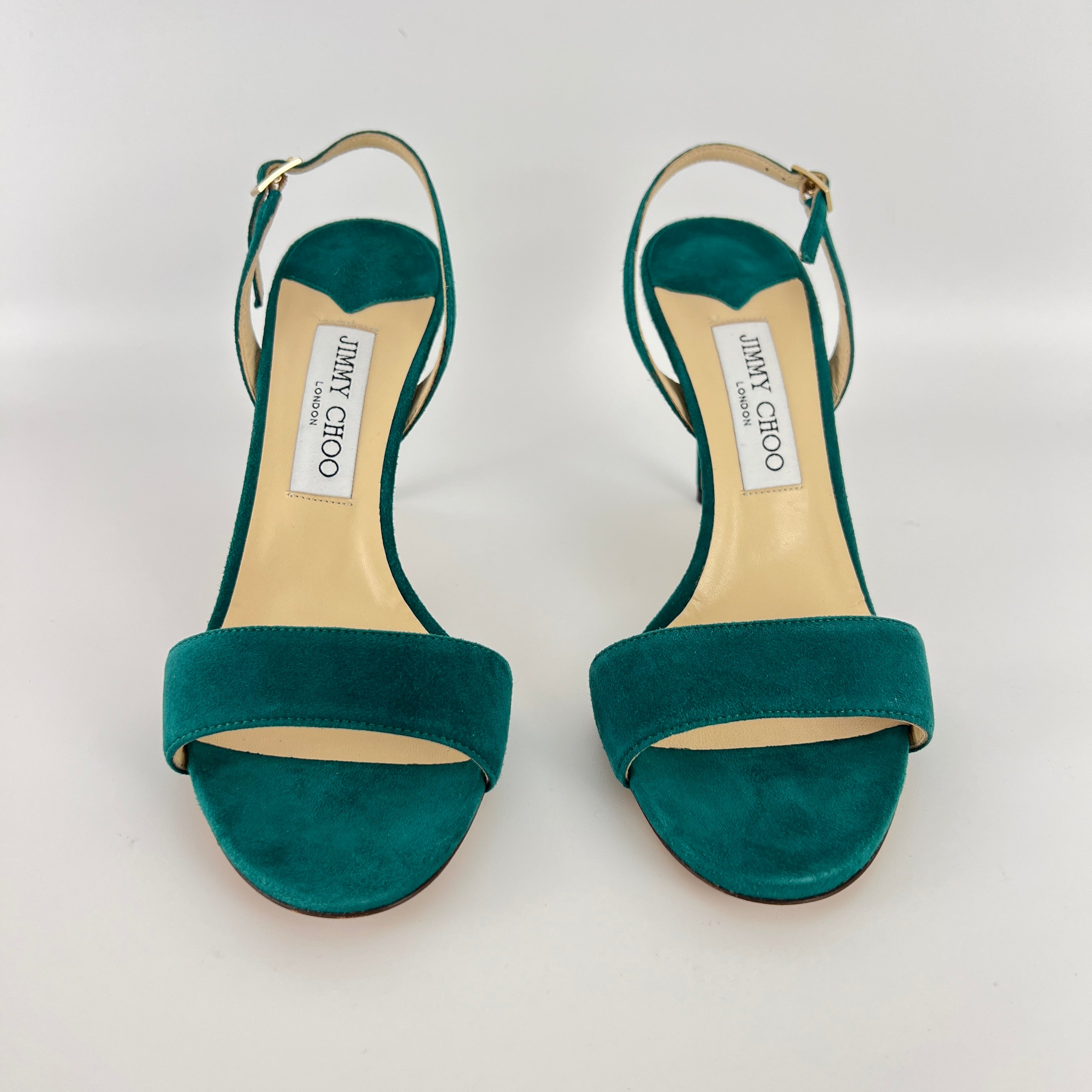 Jimmy Choo | Green Emerald Suede Leather Strappy Slingback Sandal Heels (38.5)
