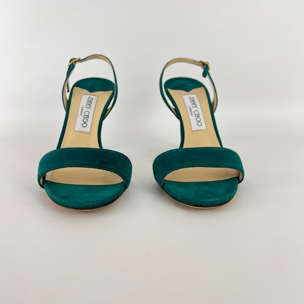 Jimmy Choo | Green Emerald Suede Leather Strappy Slingback Sandal Heels (38.5)