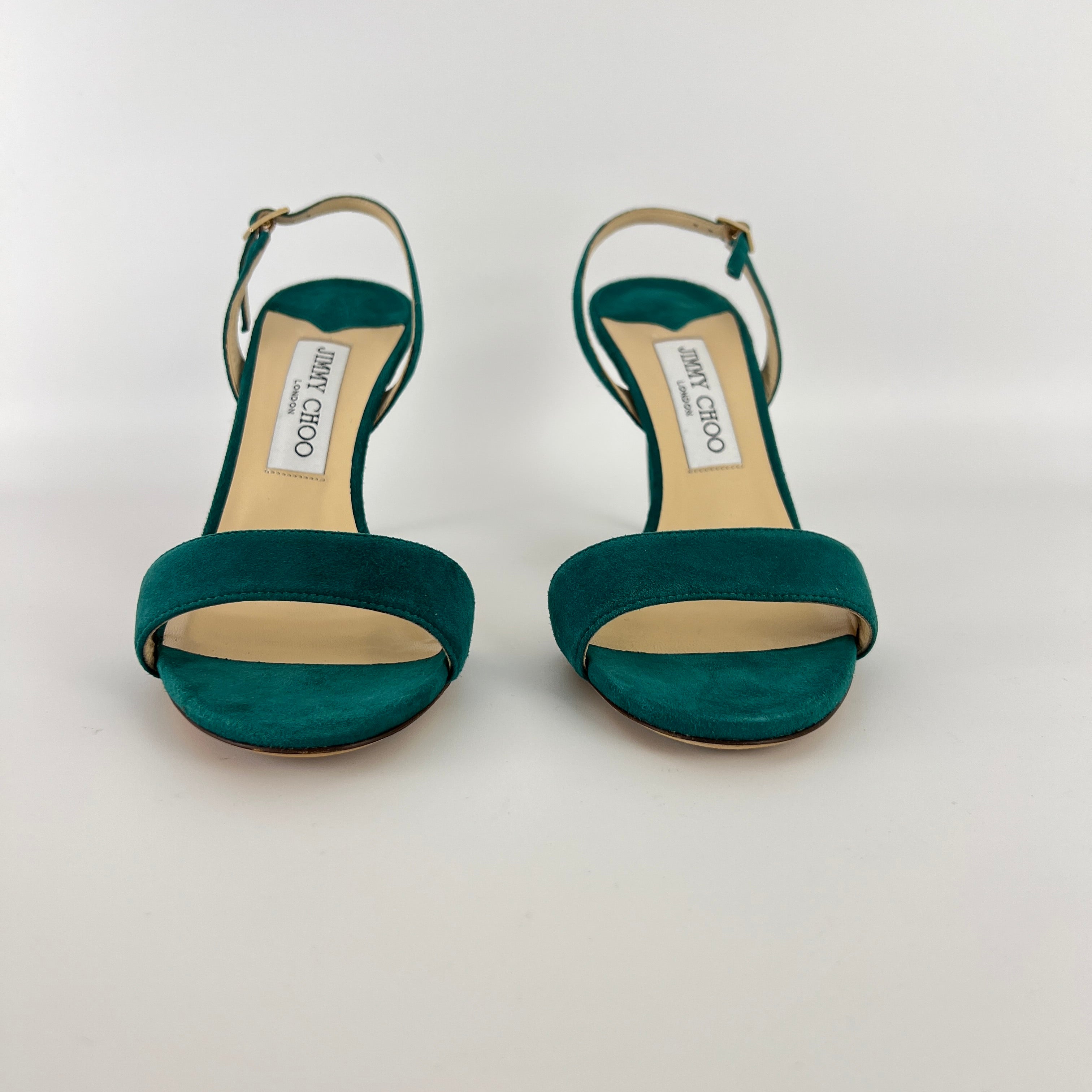 Jimmy Choo | Green Emerald Suede Leather Strappy Slingback Sandal Heels (38.5)