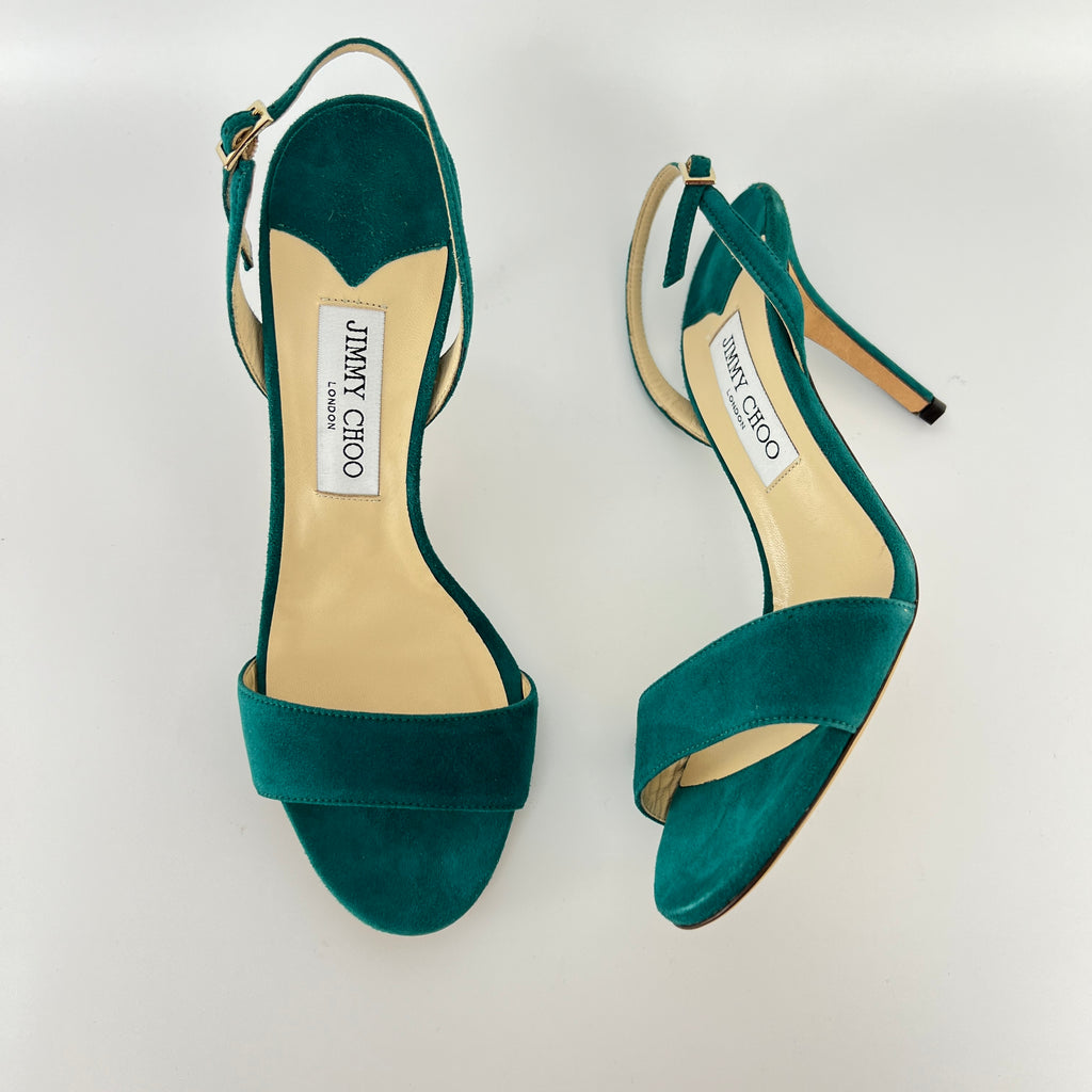 Jimmy Choo | Green Emerald Suede Leather Strappy Slingback Sandal Heels (38.5)