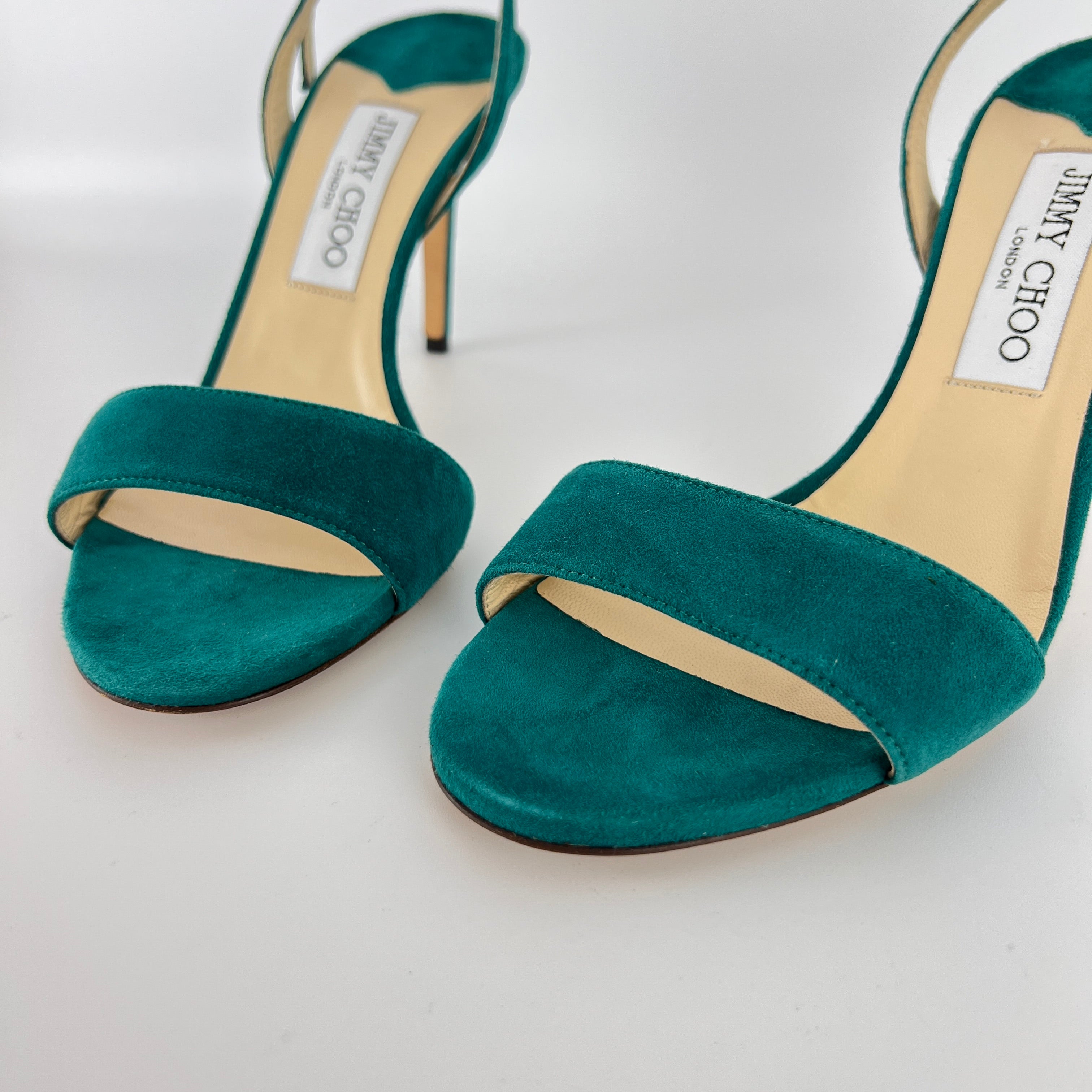 Jimmy Choo | Green Emerald Suede Leather Strappy Slingback Sandal Heels (38.5)