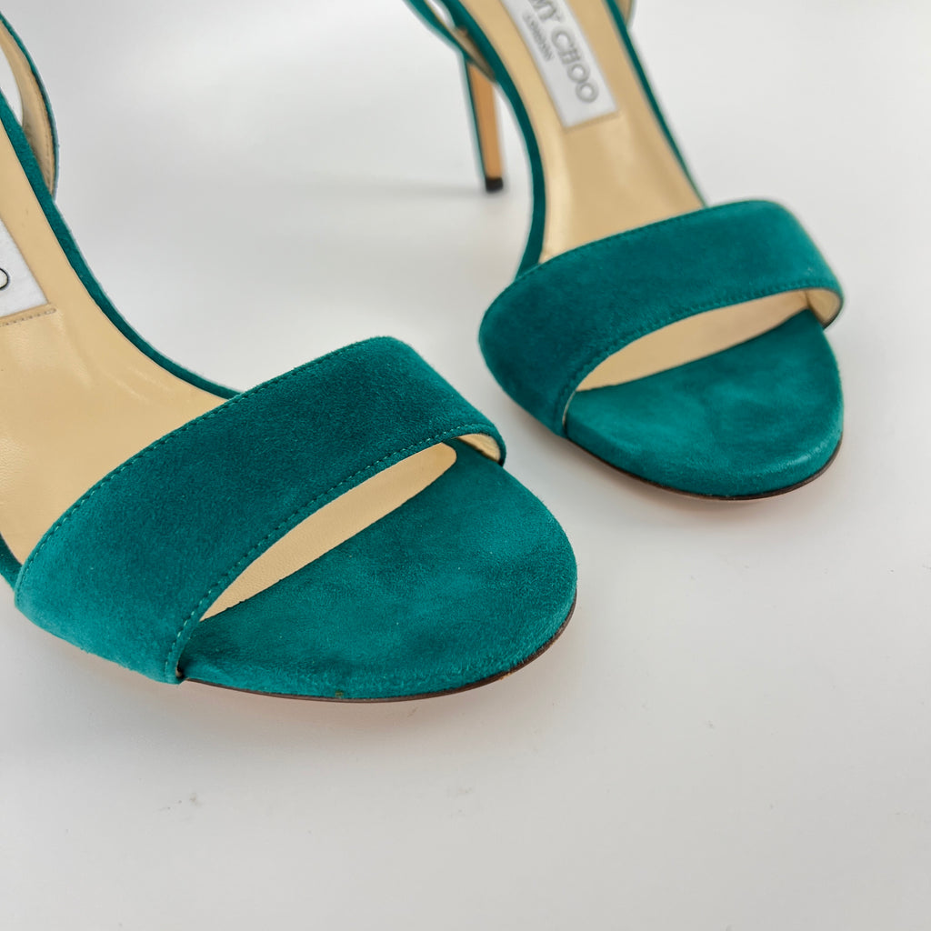 Jimmy Choo | Green Emerald Suede Leather Strappy Slingback Sandal Heels (38.5)