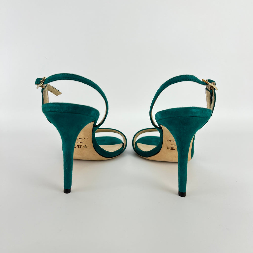 Jimmy Choo | Green Emerald Suede Leather Strappy Slingback Sandal Heels (38.5)