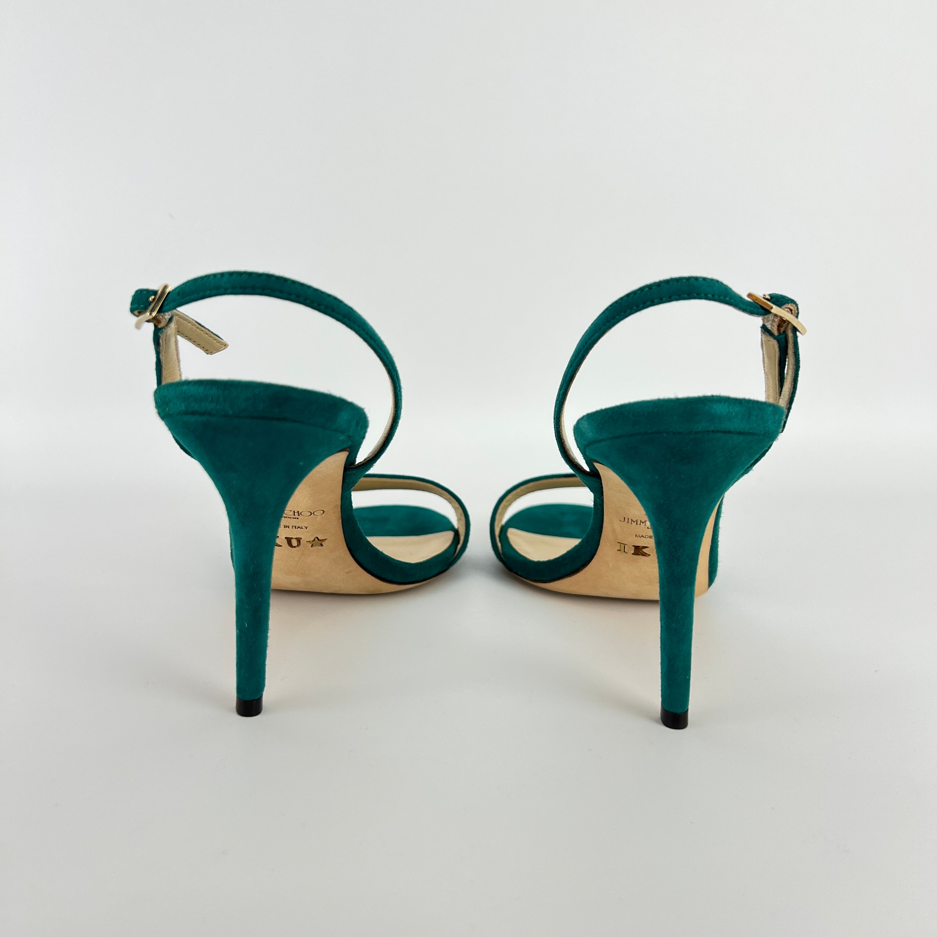 Jimmy Choo | Green Emerald Suede Leather Strappy Slingback Sandal Heels (38.5)