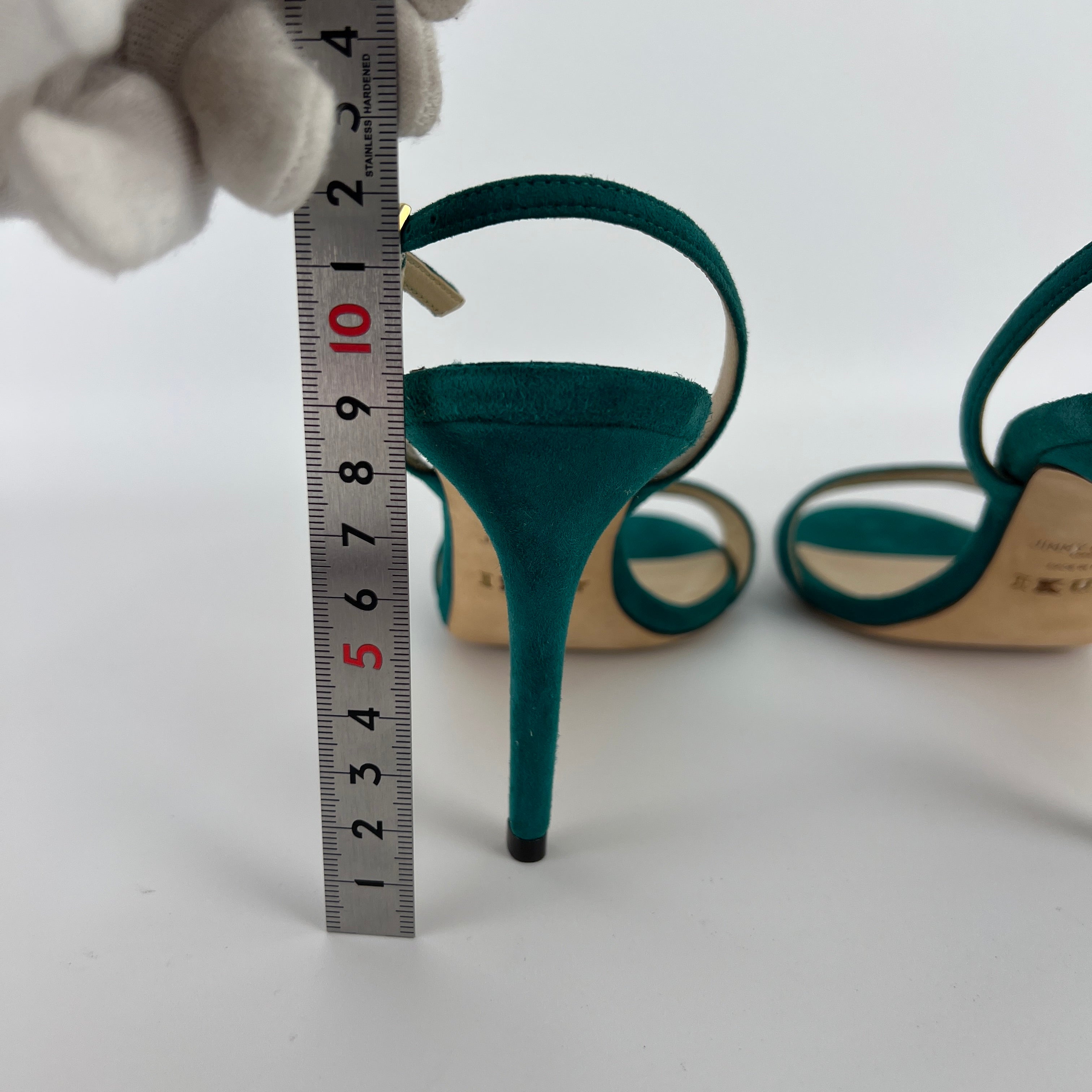 Jimmy Choo | Green Emerald Suede Leather Strappy Slingback Sandal Heels (38.5)