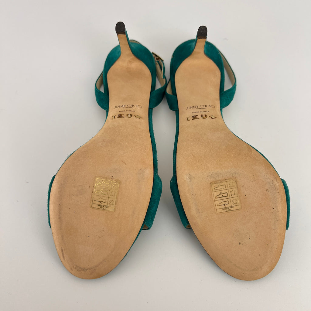 Jimmy Choo | Green Emerald Suede Leather Strappy Slingback Sandal Heels (38.5)
