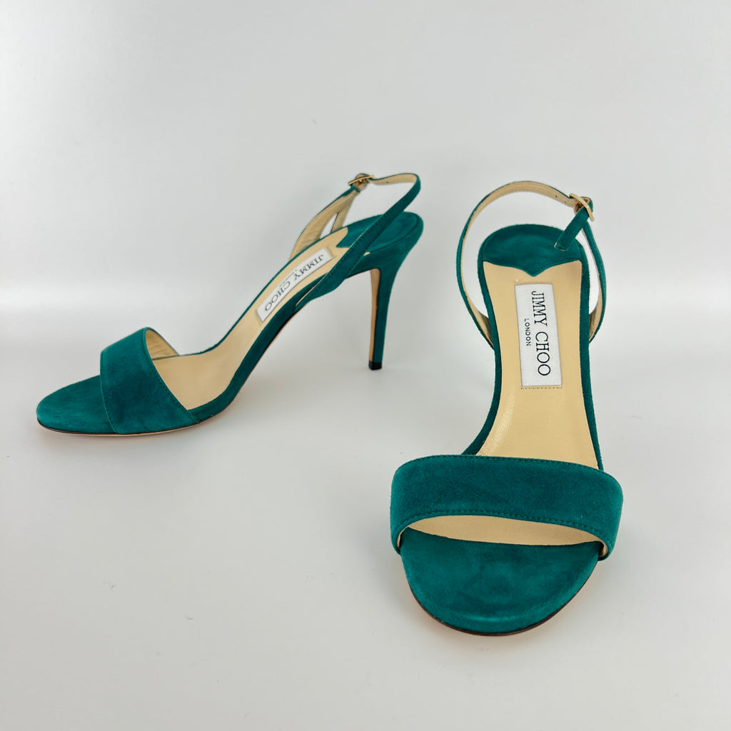 Jimmy Choo | Green Emerald Suede Leather Strappy Slingback Sandal Heels (38.5)