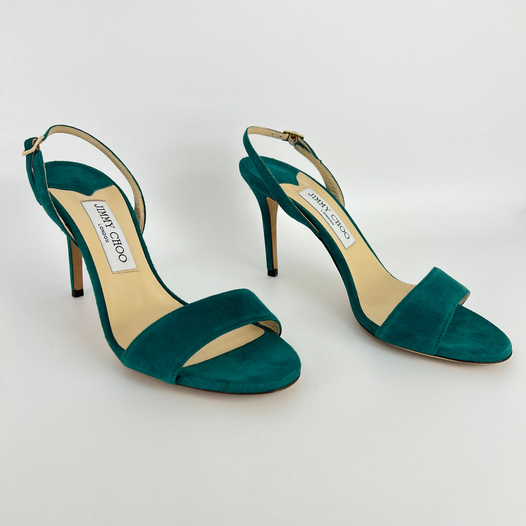 Jimmy Choo | Green Emerald Suede Leather Strappy Slingback Sandal Heels (38.5)