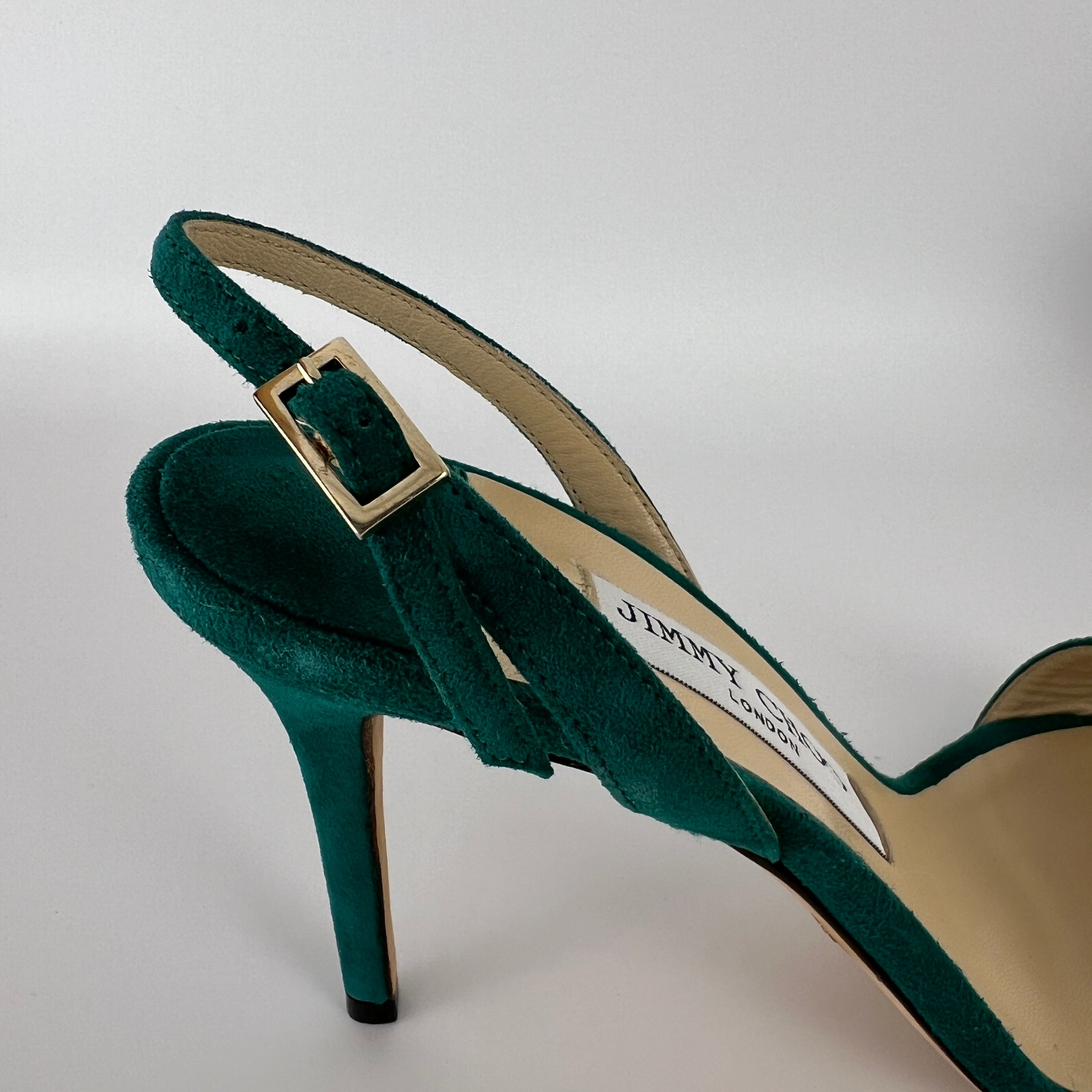 Jimmy Choo | Green Emerald Suede Leather Strappy Slingback Sandal Heels (38.5)