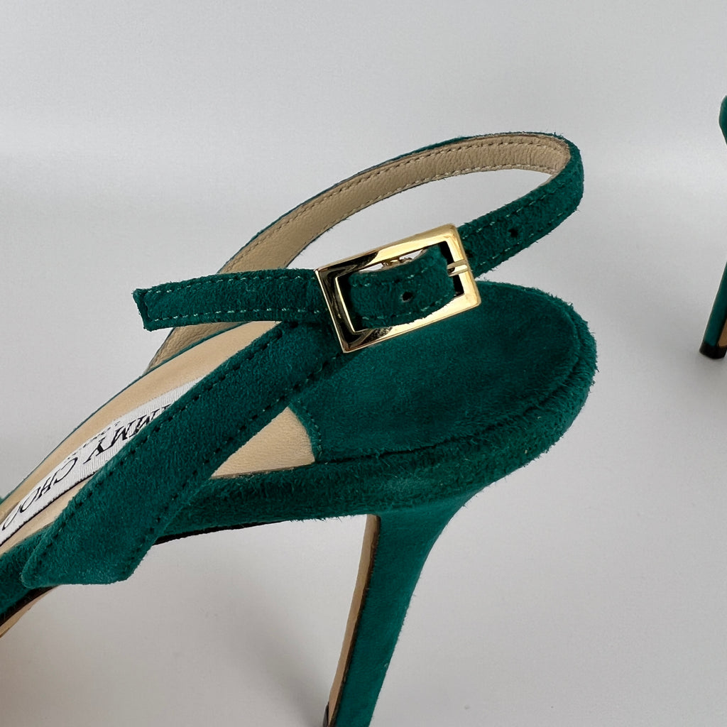 Jimmy Choo | Green Emerald Suede Leather Strappy Slingback Sandal Heels (38.5)