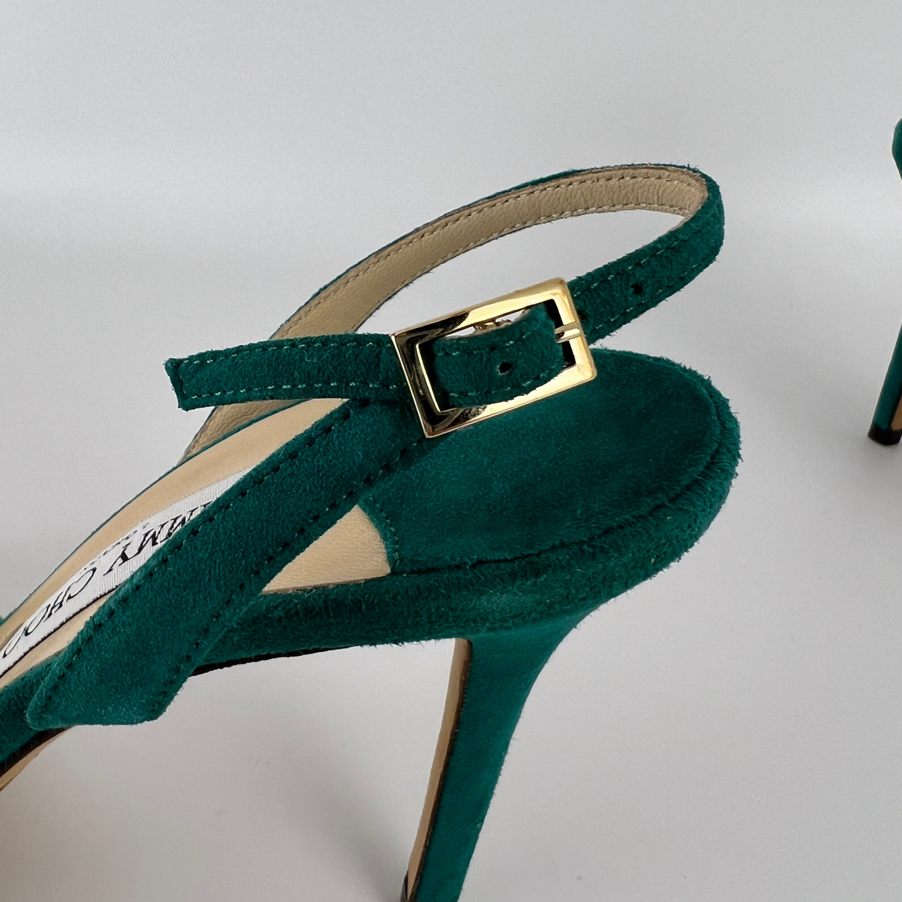 Jimmy Choo | Green Emerald Suede Leather Strappy Slingback Sandal Heels (38.5)