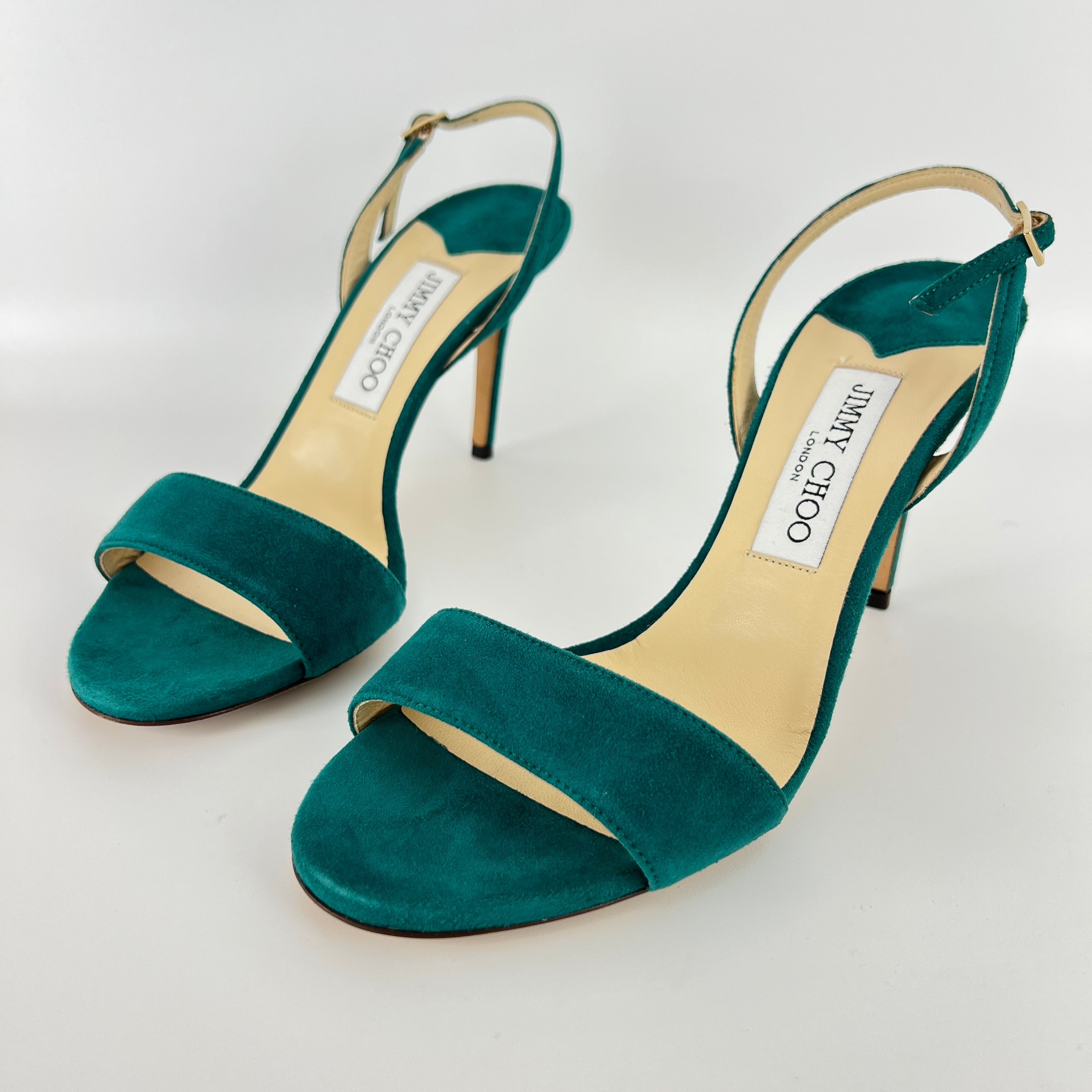Jimmy Choo | Green Emerald Suede Leather Strappy Slingback Sandal Heels (38.5)