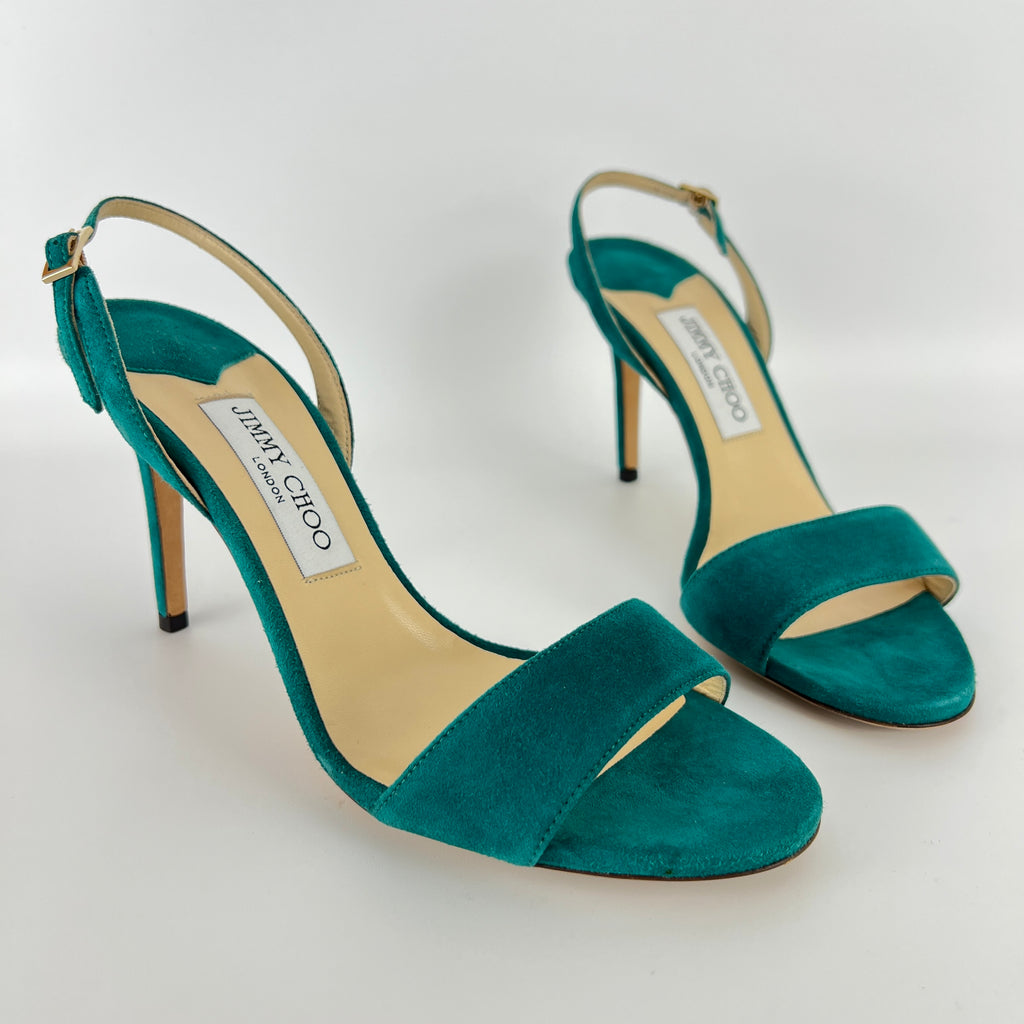 Jimmy Choo | Green Emerald Suede Leather Strappy Slingback Sandal Heels (38.5)