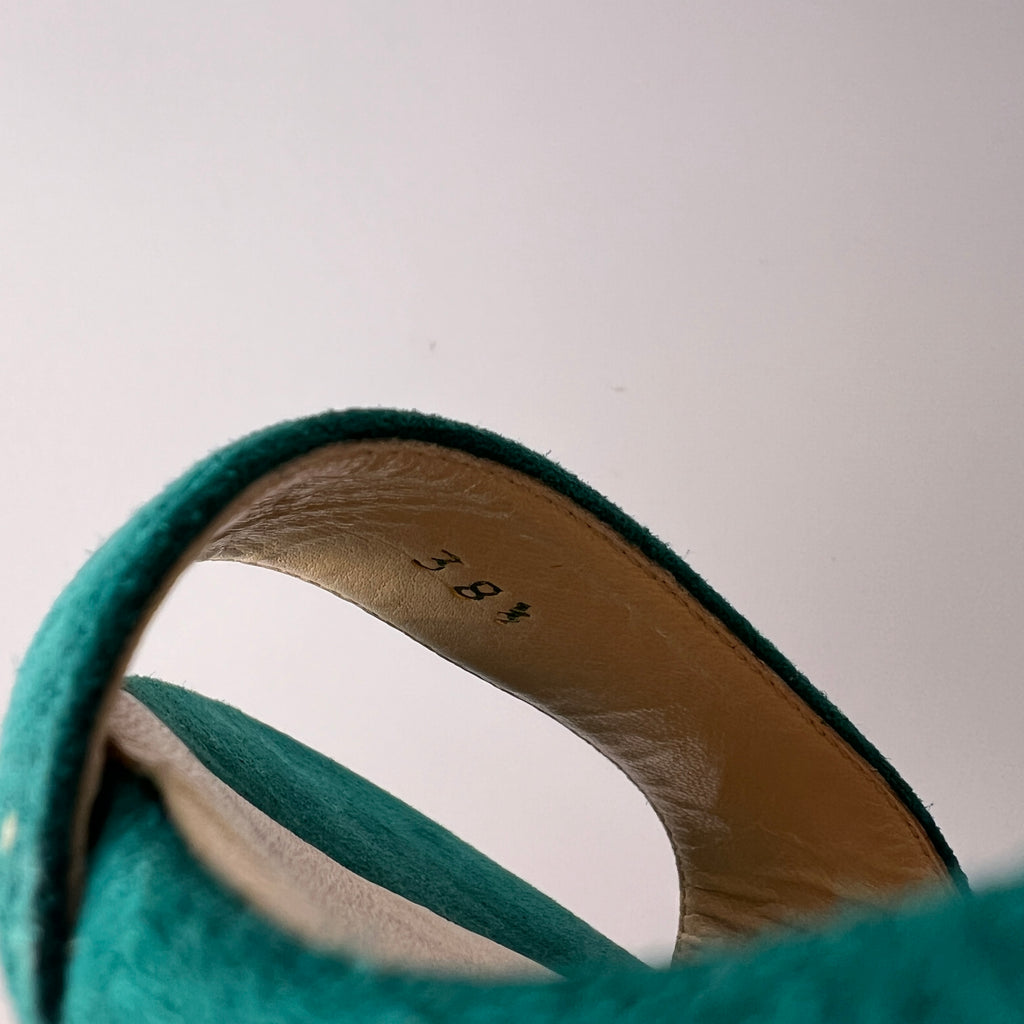 Jimmy Choo | Green Emerald Suede Leather Strappy Slingback Sandal Heels (38.5)