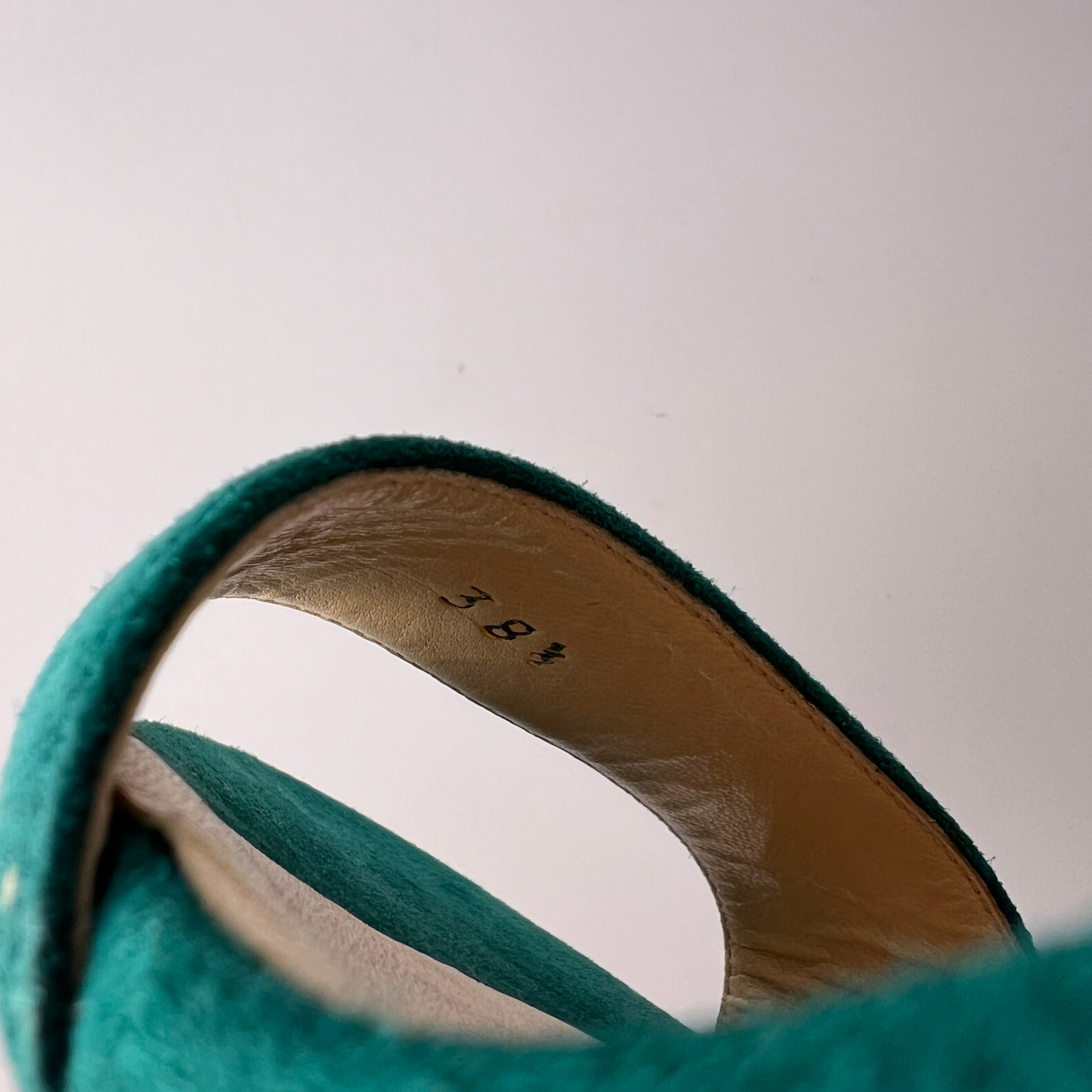 Jimmy Choo | Green Emerald Suede Leather Strappy Slingback Sandal Heels (38.5)