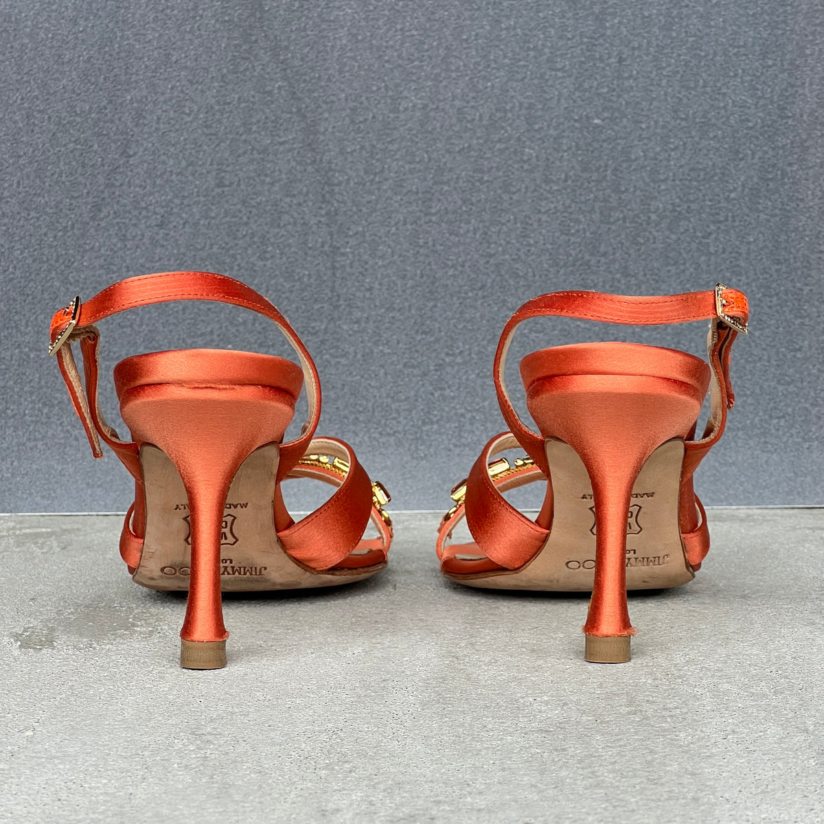 Jimmy Choo | Karen 85 Orange Satin Jewel Strap Slingback Heels (34.5)