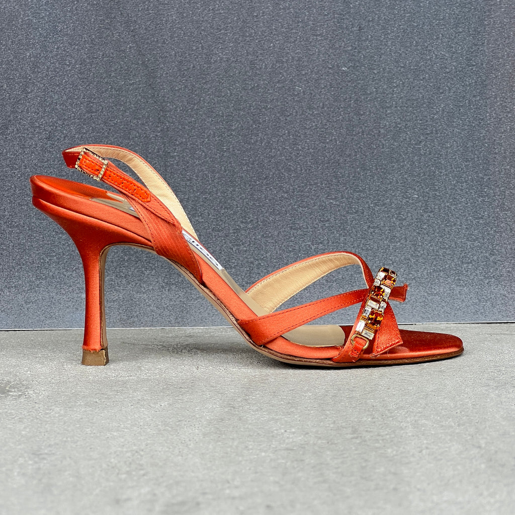 Jimmy Choo | Karen 85 Orange Satin Jewel Strap Slingback Heels (34.5)