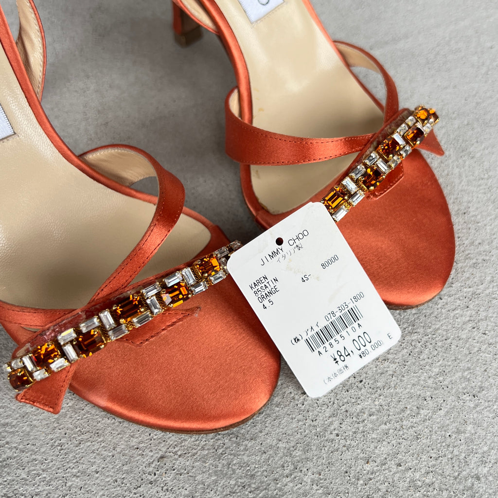Jimmy Choo | Karen 85 Orange Satin Jewel Strap Slingback Heels (34.5)