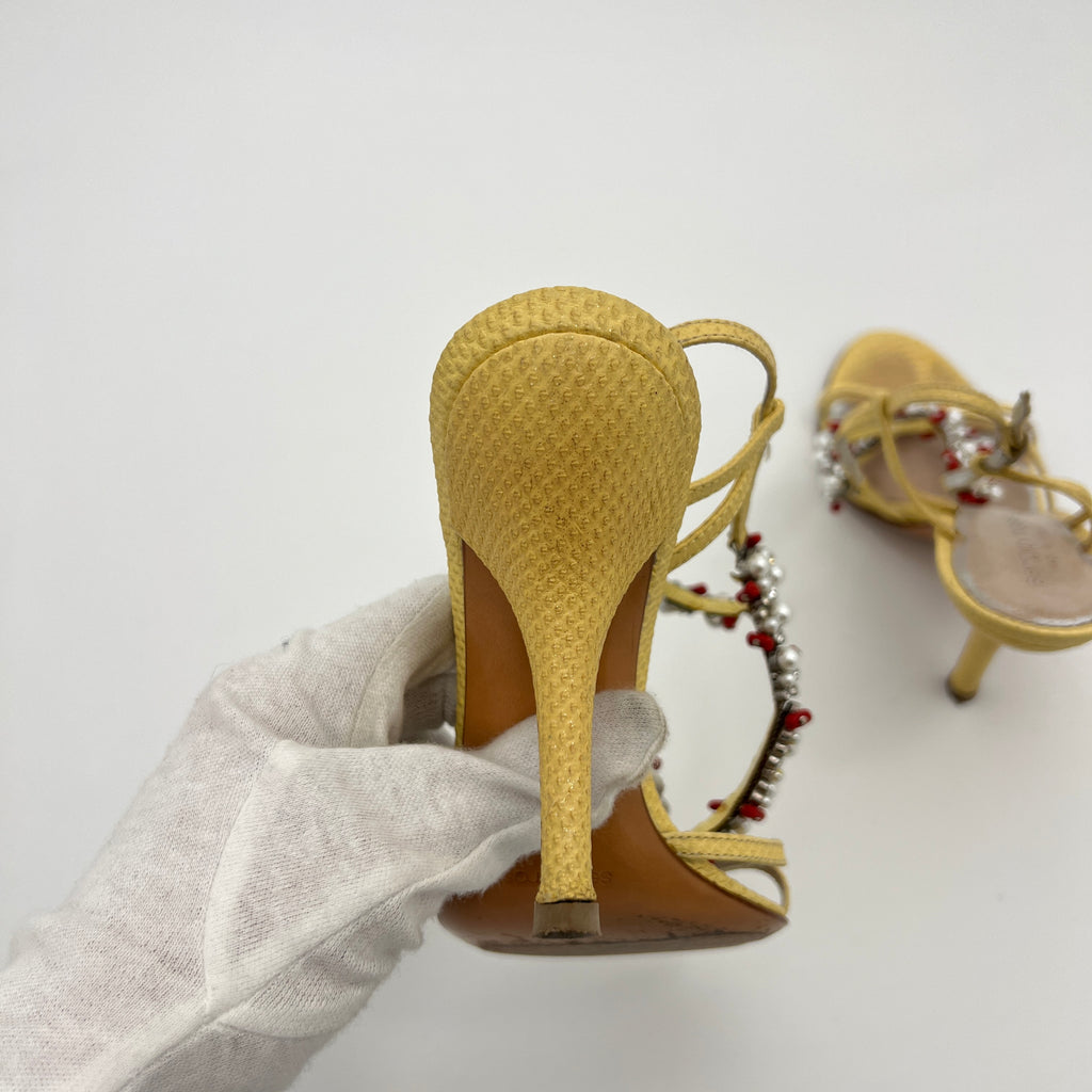 Sergio Rossi | Yellow Exotic Leather Beading Strappy Sandal Heels (35.5)