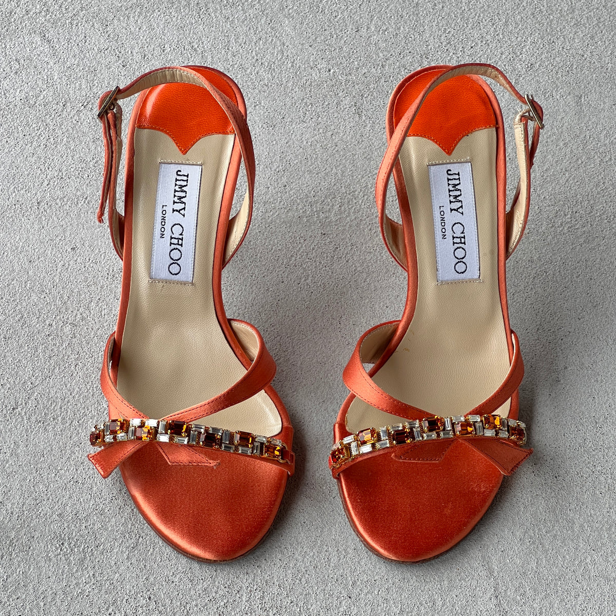 Jimmy Choo | Karen 85 Orange Satin Jewel Strap Slingback Heels (34.5)