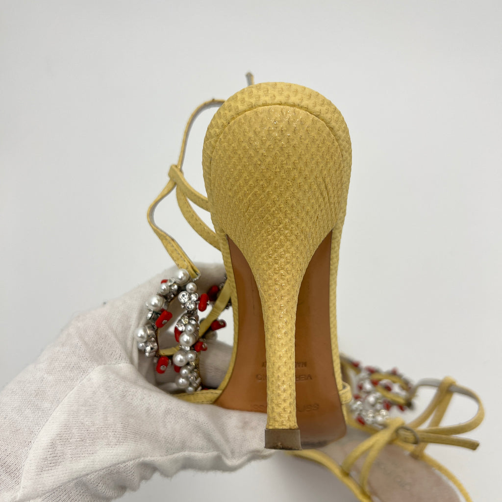 Sergio Rossi | Yellow Exotic Leather Beading Strappy Sandal Heels (35.5)