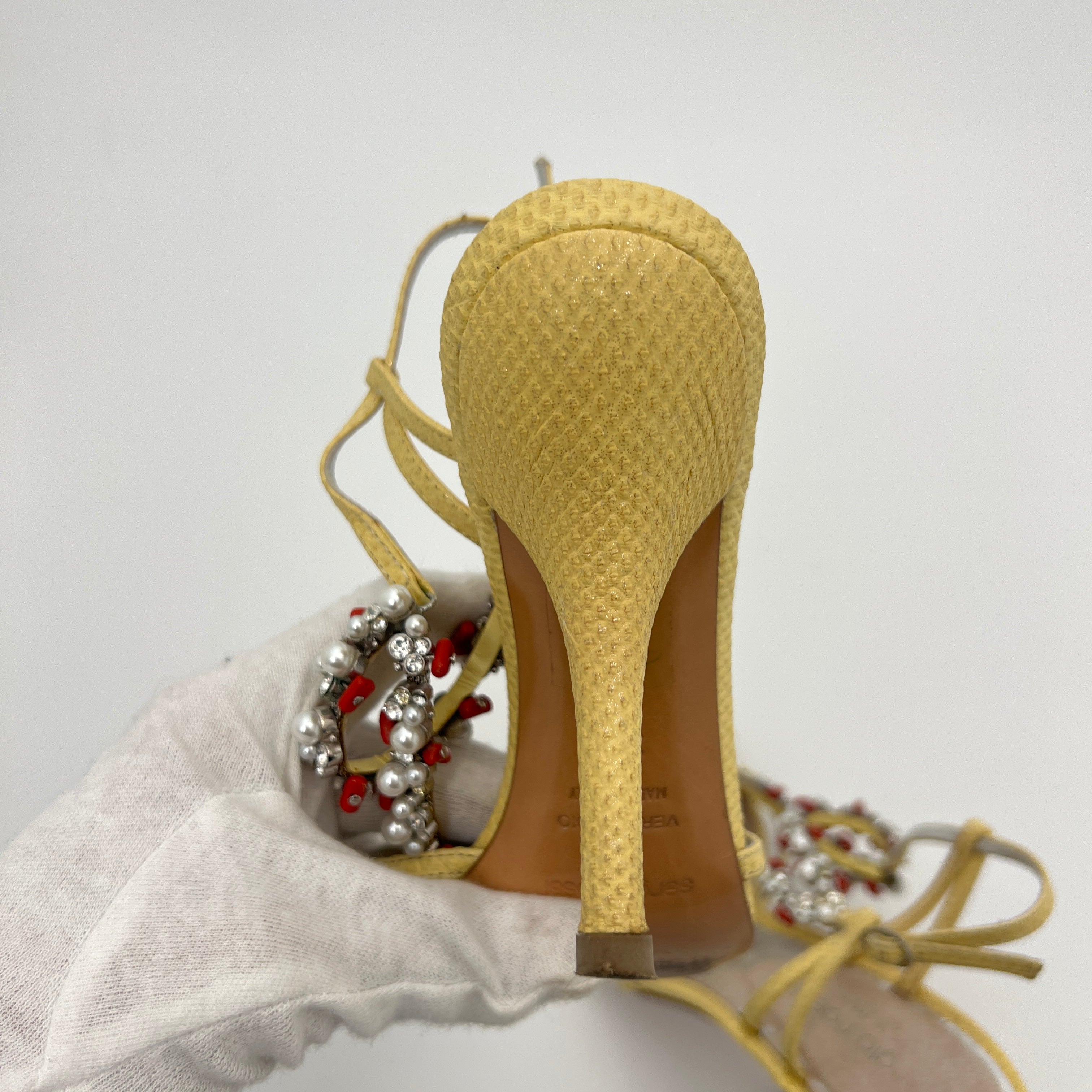 Sergio Rossi | Yellow Exotic Leather Beading Strappy Sandal Heels (35.5)