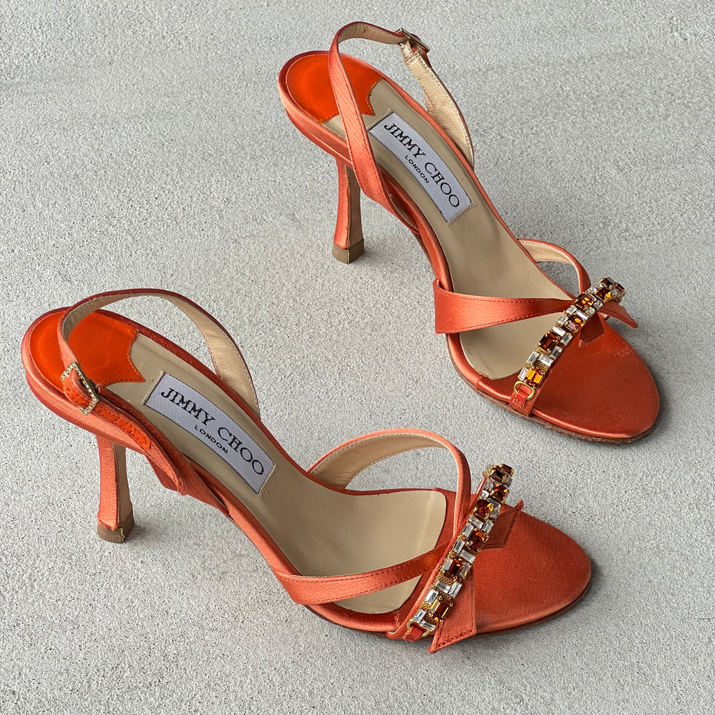 Jimmy Choo | Karen 85 Orange Satin Jewel Strap Slingback Heels (34.5)