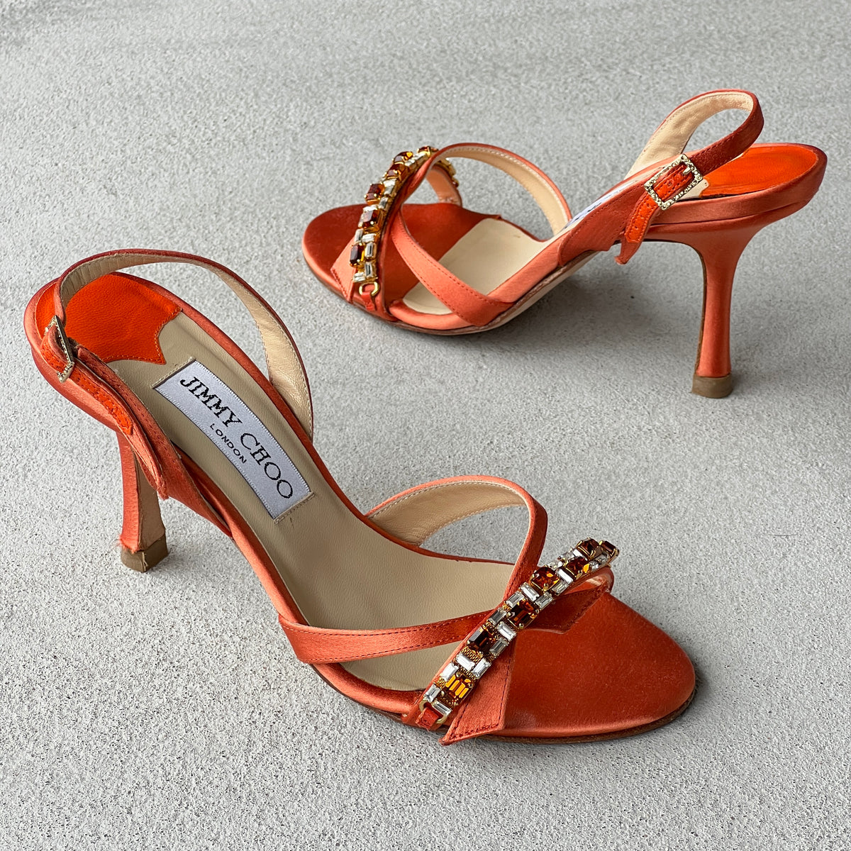 Jimmy Choo | Karen 85 Orange Satin Jewel Strap Slingback Heels (34.5)