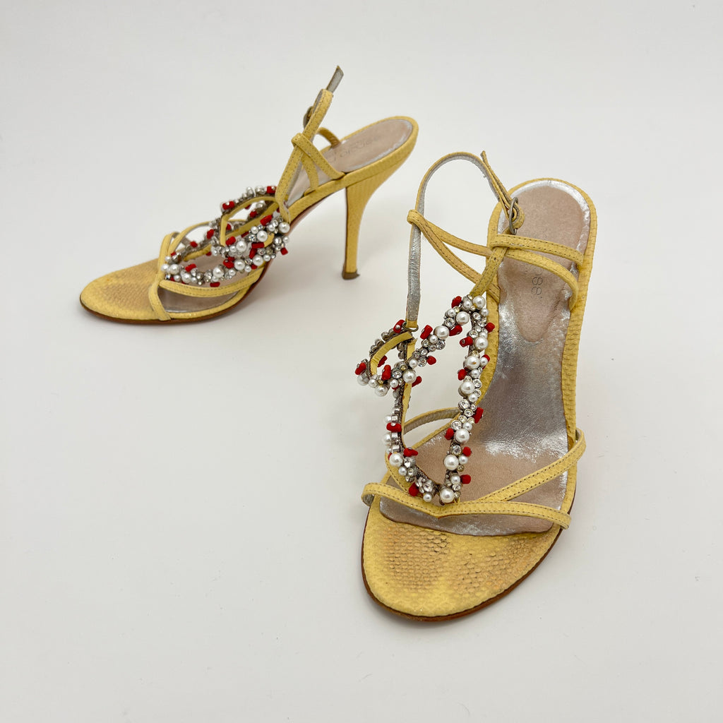 Sergio Rossi | Yellow Exotic Leather Beading Strappy Sandal Heels (35.5)