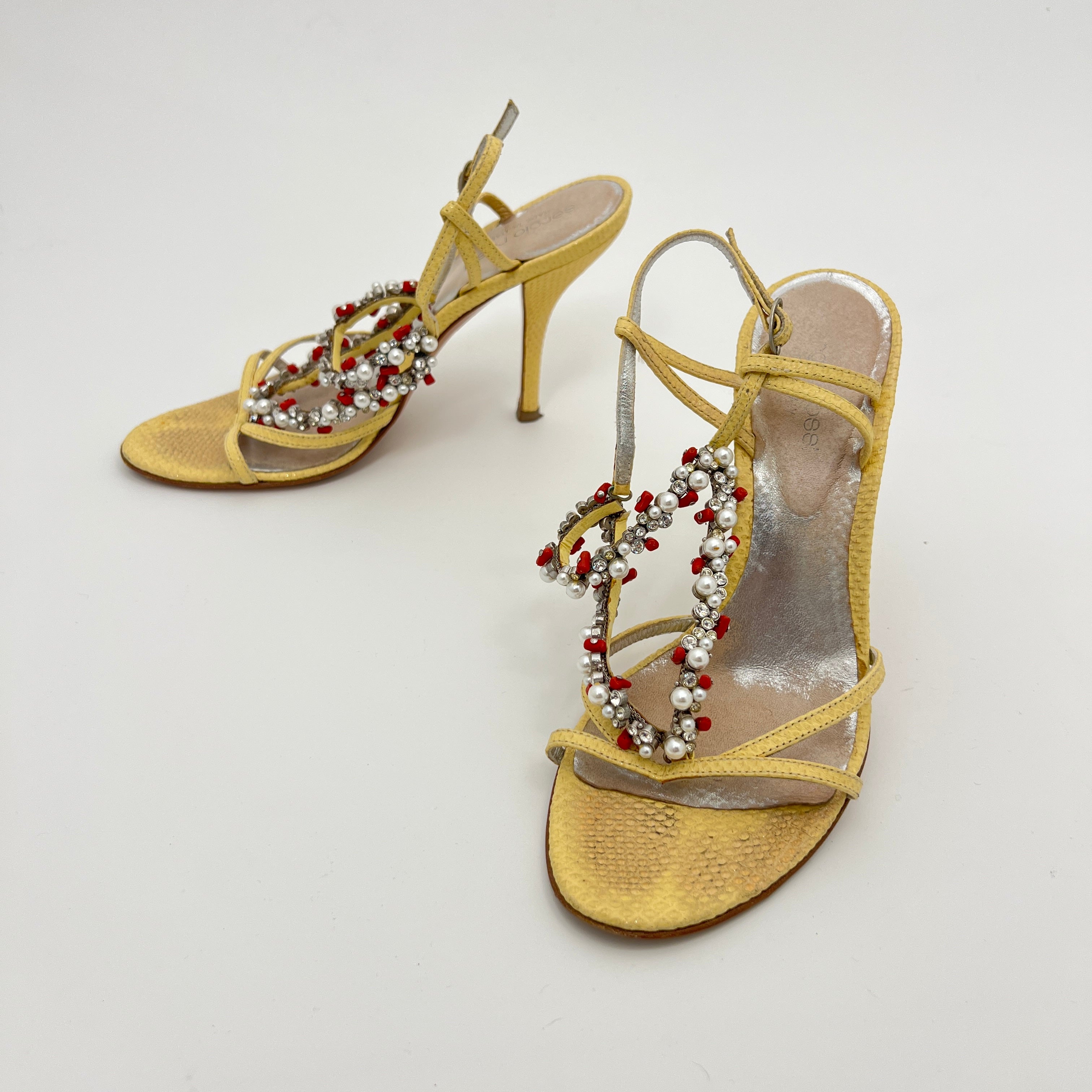 Sergio Rossi | Yellow Exotic Leather Beading Strappy Sandal Heels (35.5)