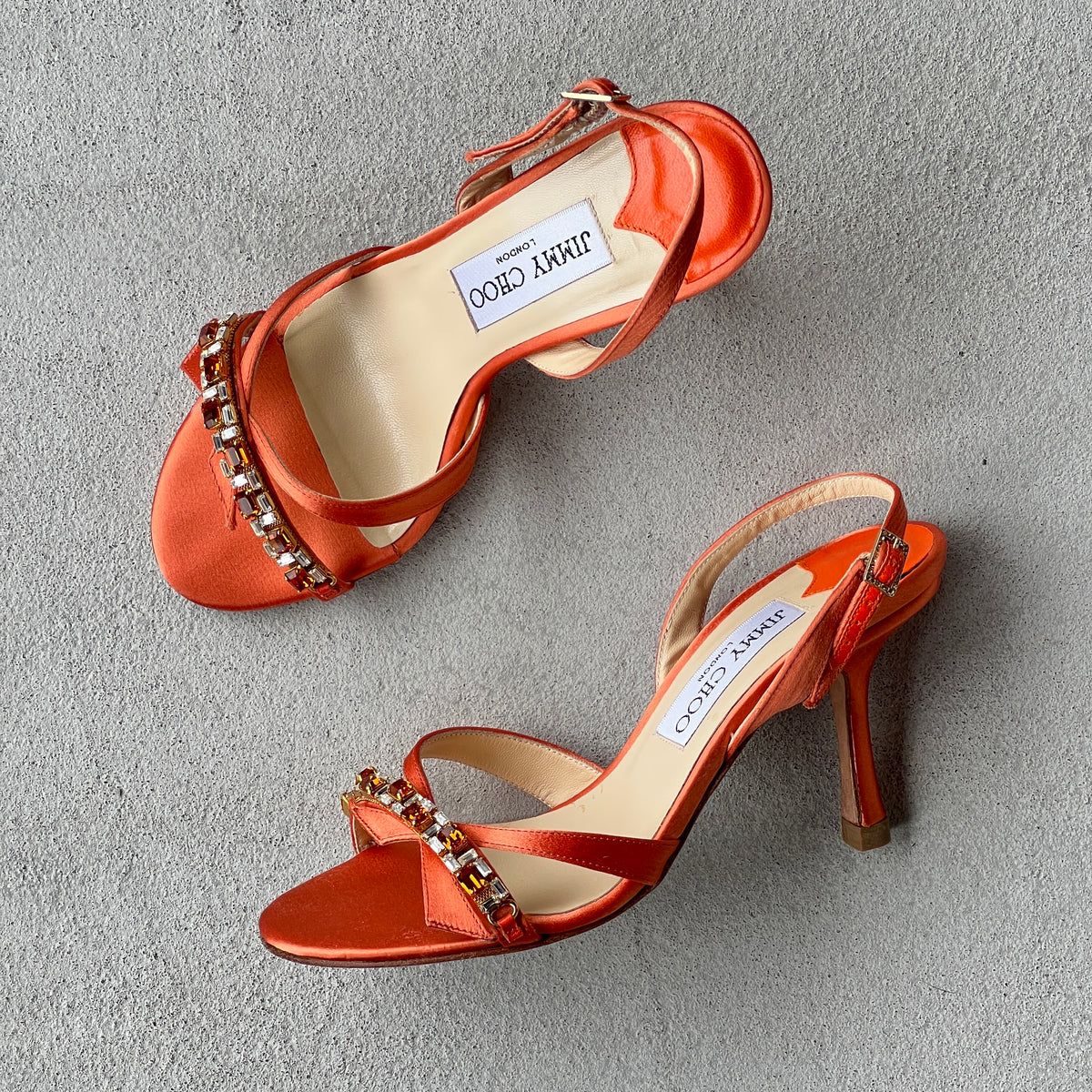 Jimmy Choo | Karen 85 Orange Satin Jewel Strap Slingback Heels (34.5)