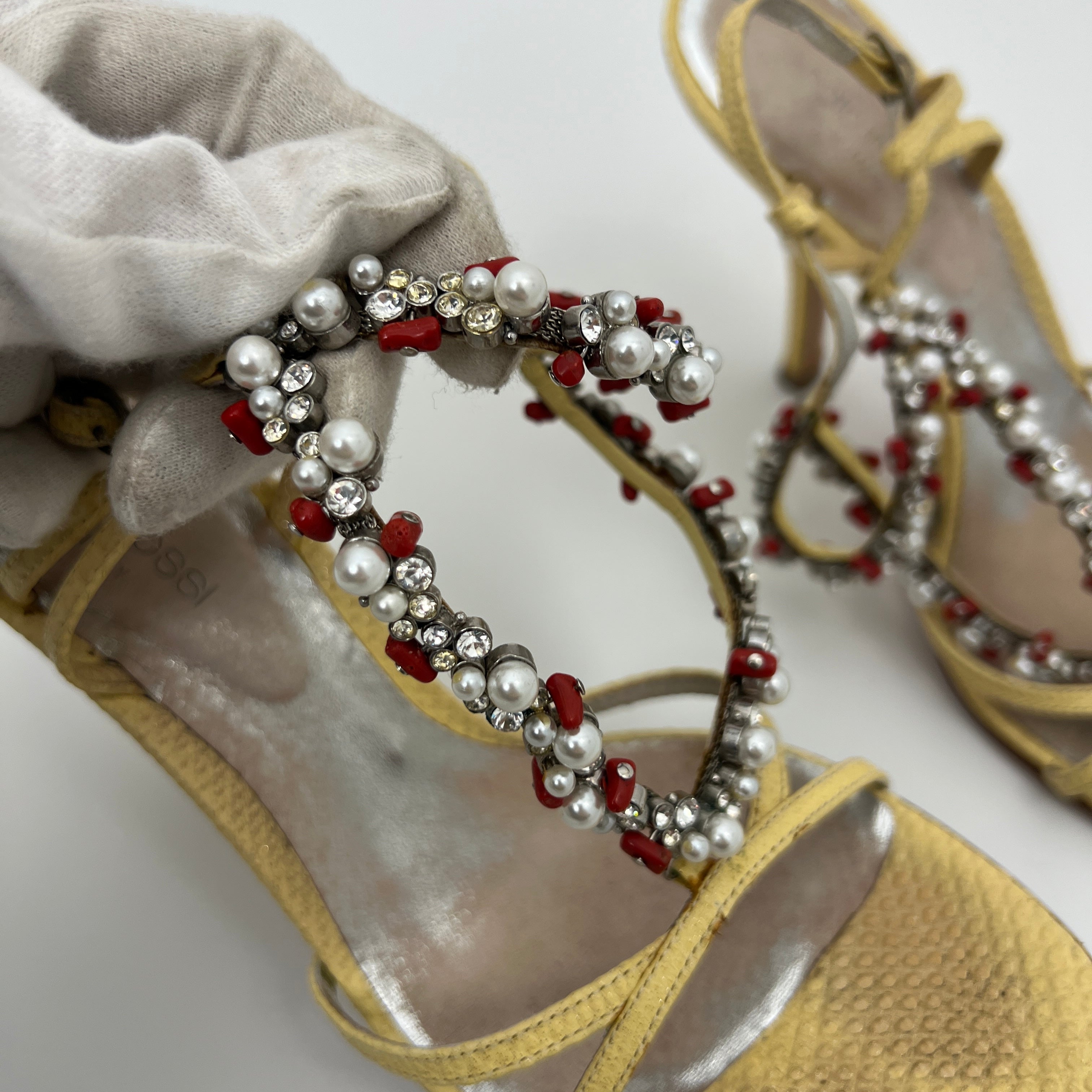Sergio Rossi | Yellow Exotic Leather Beading Strappy Sandal Heels (35.5)