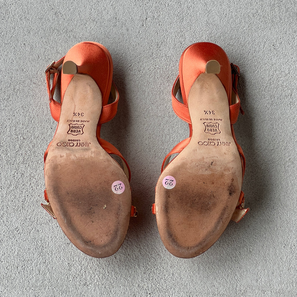 Jimmy Choo | Karen 85 Orange Satin Jewel Strap Slingback Heels (34.5)