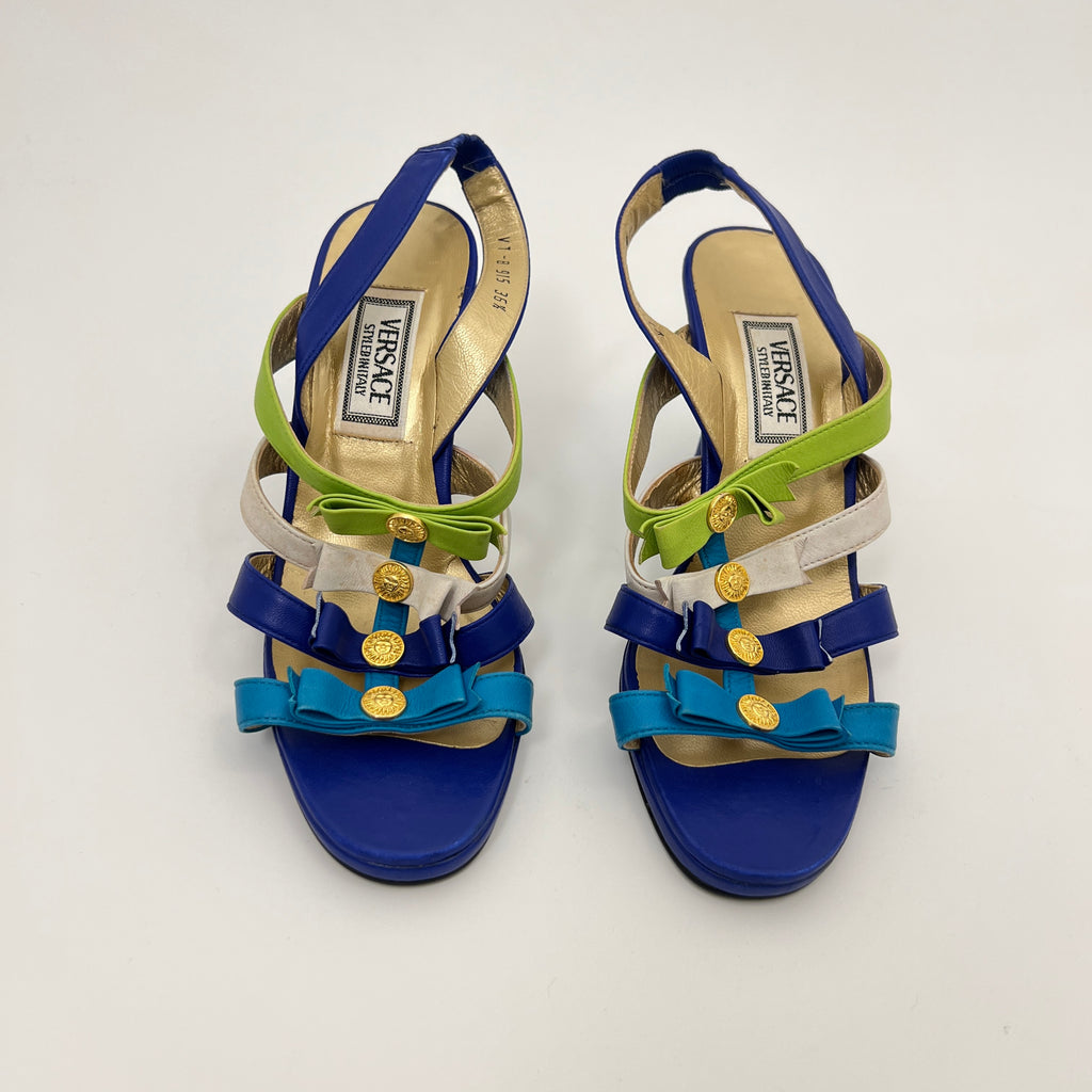 Versace | Vintage Blue Green Leather Gold Logo Strappy Sandal Heels (36.5)