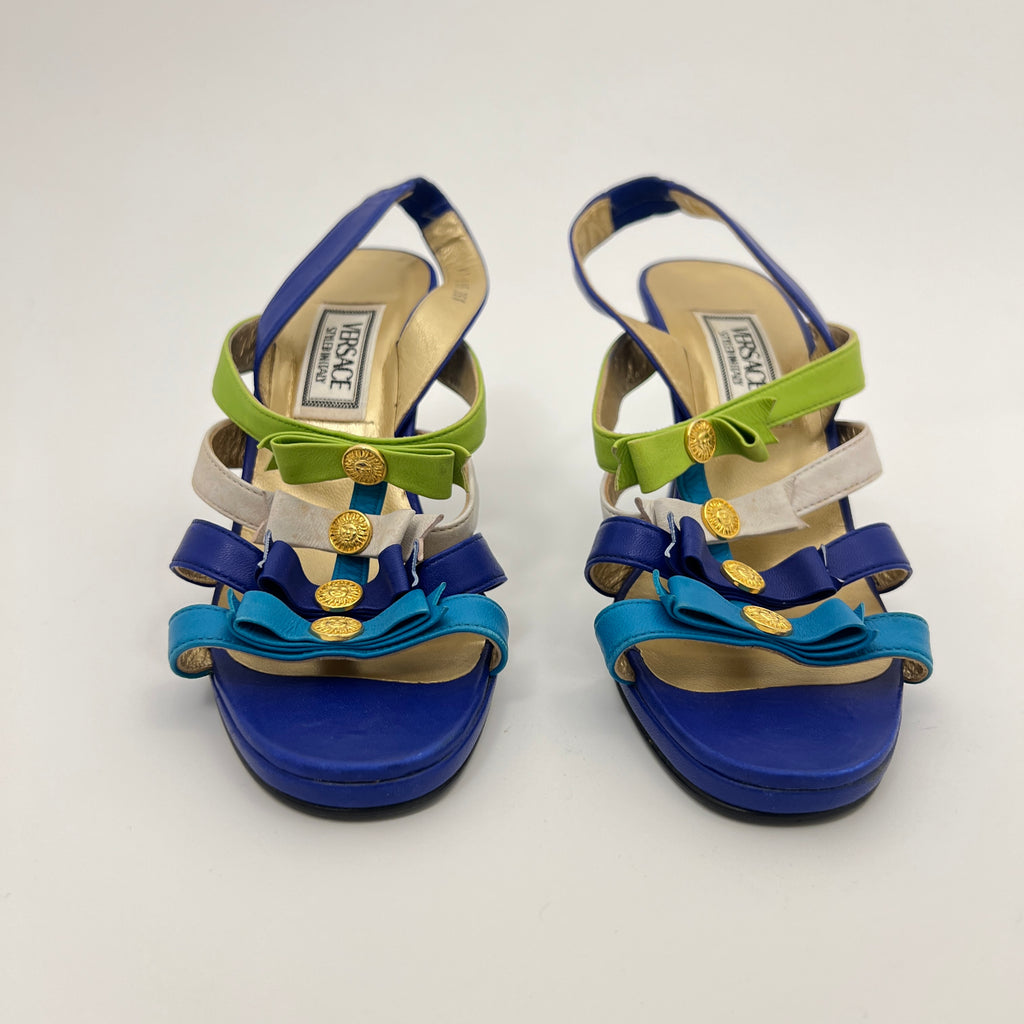Versace | Vintage Blue Green Leather Gold Logo Strappy Sandal Heels (36.5)