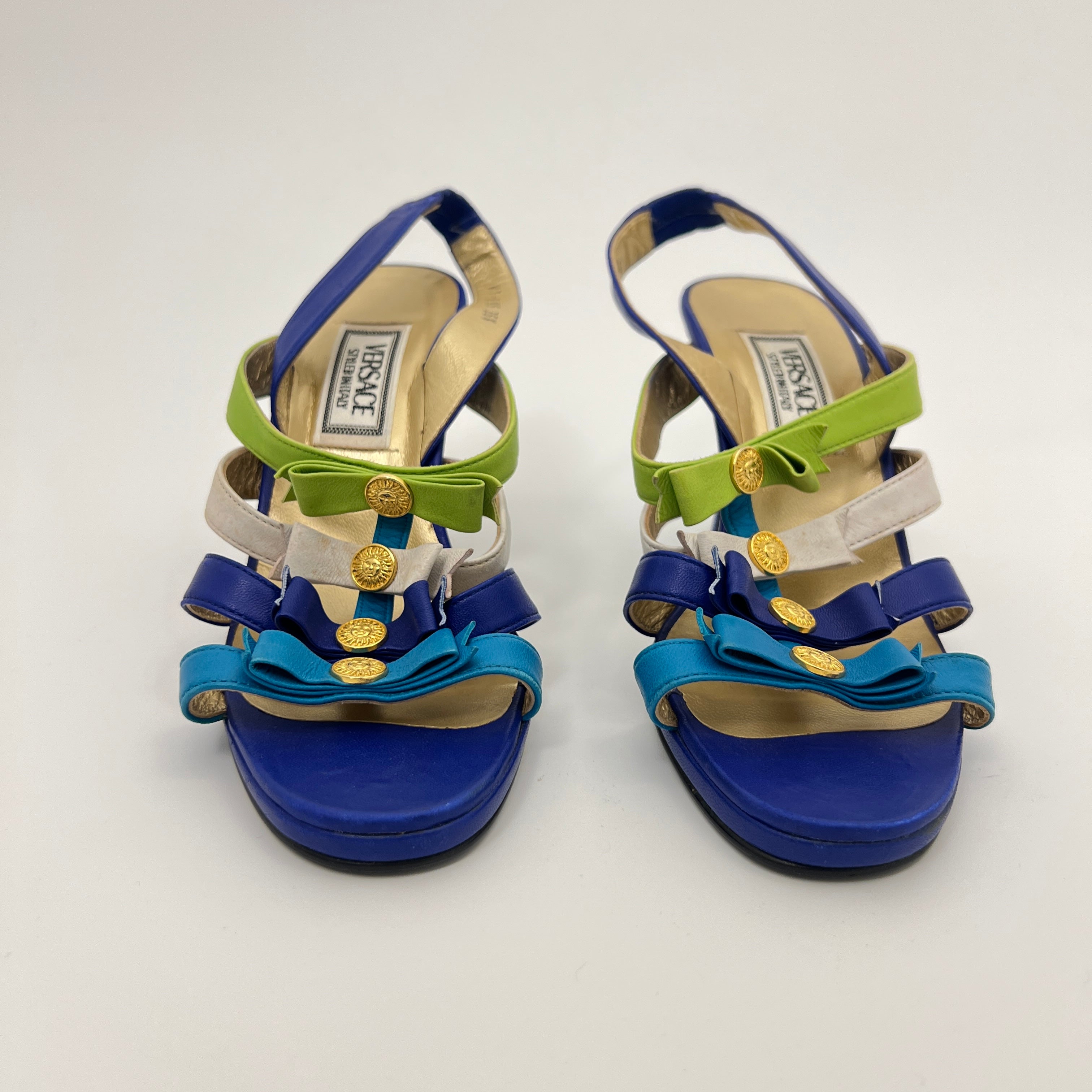Versace | Vintage Blue Green Leather Gold Logo Strappy Sandal Heels (36.5)