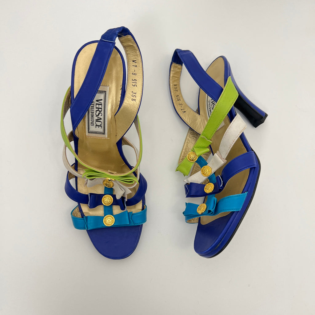Versace | Vintage Blue Green Leather Gold Logo Strappy Sandal Heels (36.5)