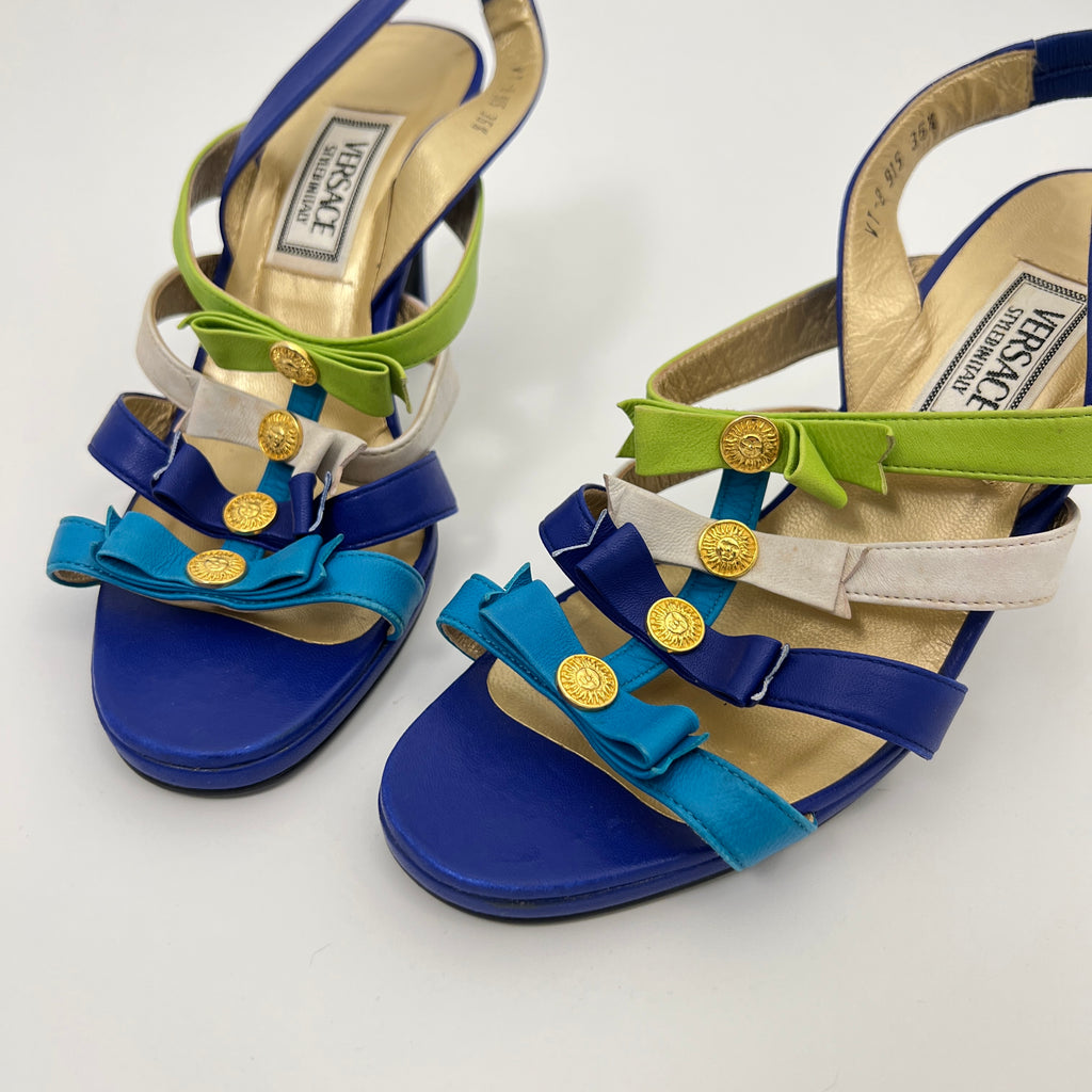Versace | Vintage Blue Green Leather Gold Logo Strappy Sandal Heels (36.5)