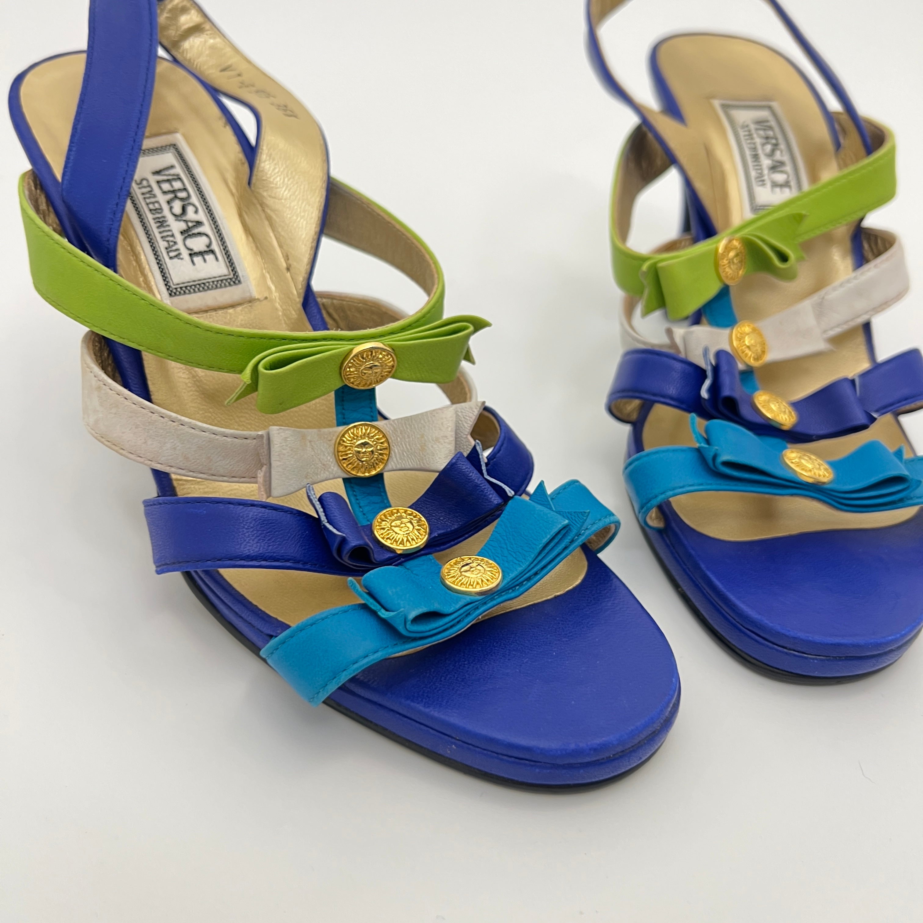 Versace | Vintage Blue Green Leather Gold Logo Strappy Sandal Heels (36.5)