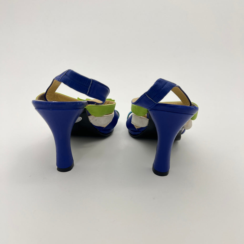Versace | Vintage Blue Green Leather Gold Logo Strappy Sandal Heels (36.5)