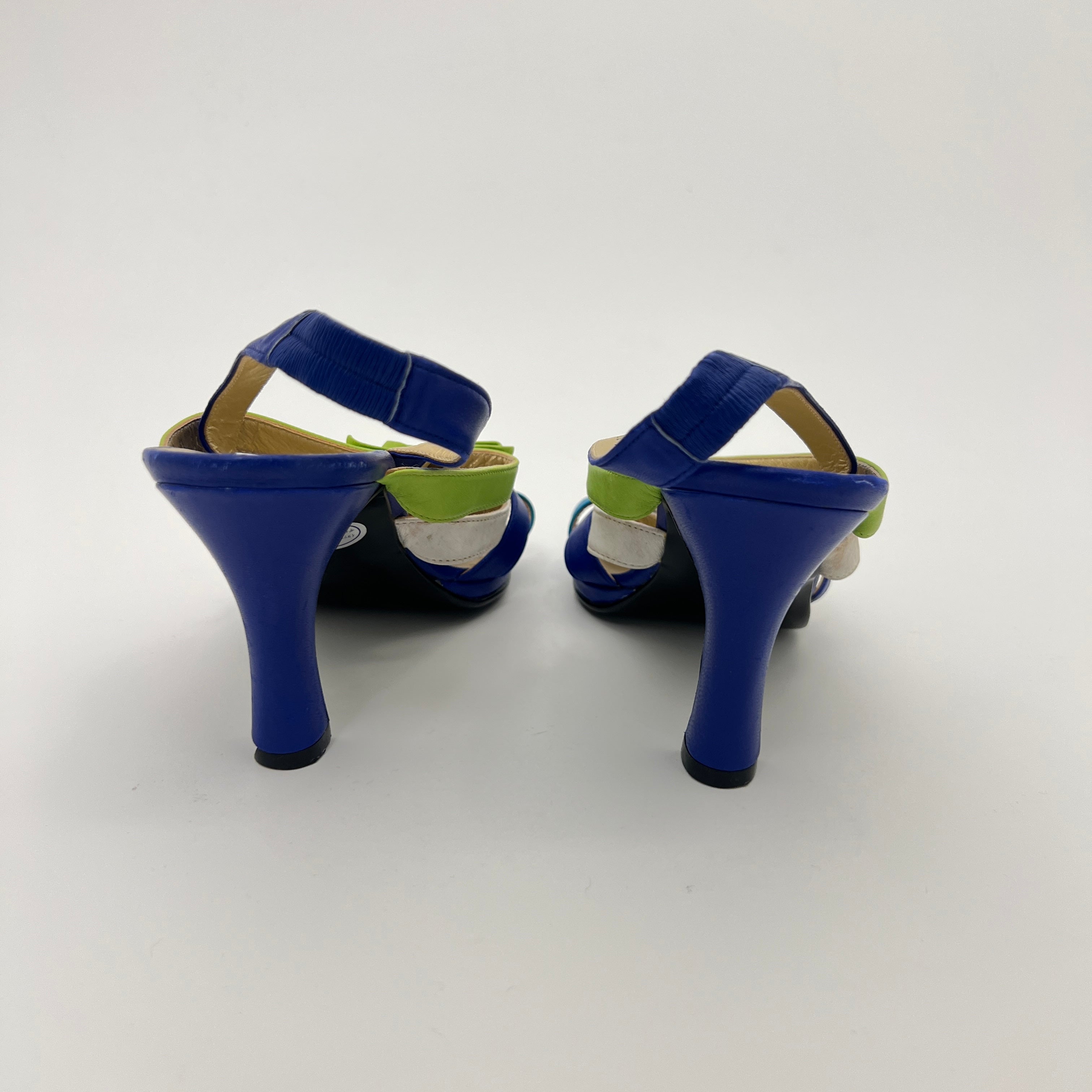 Versace | Vintage Blue Green Leather Gold Logo Strappy Sandal Heels (36.5)