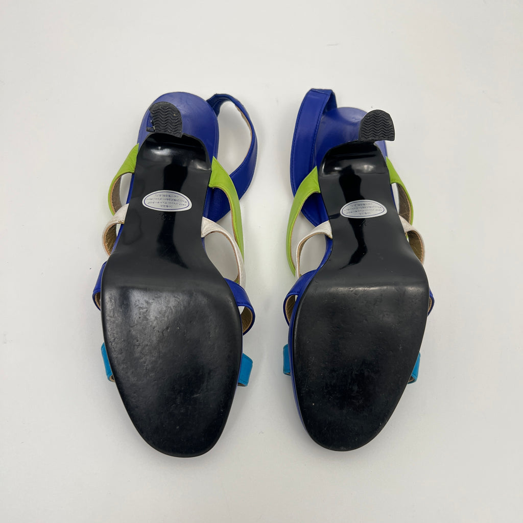 Versace | Vintage Blue Green Leather Gold Logo Strappy Sandal Heels (36.5)