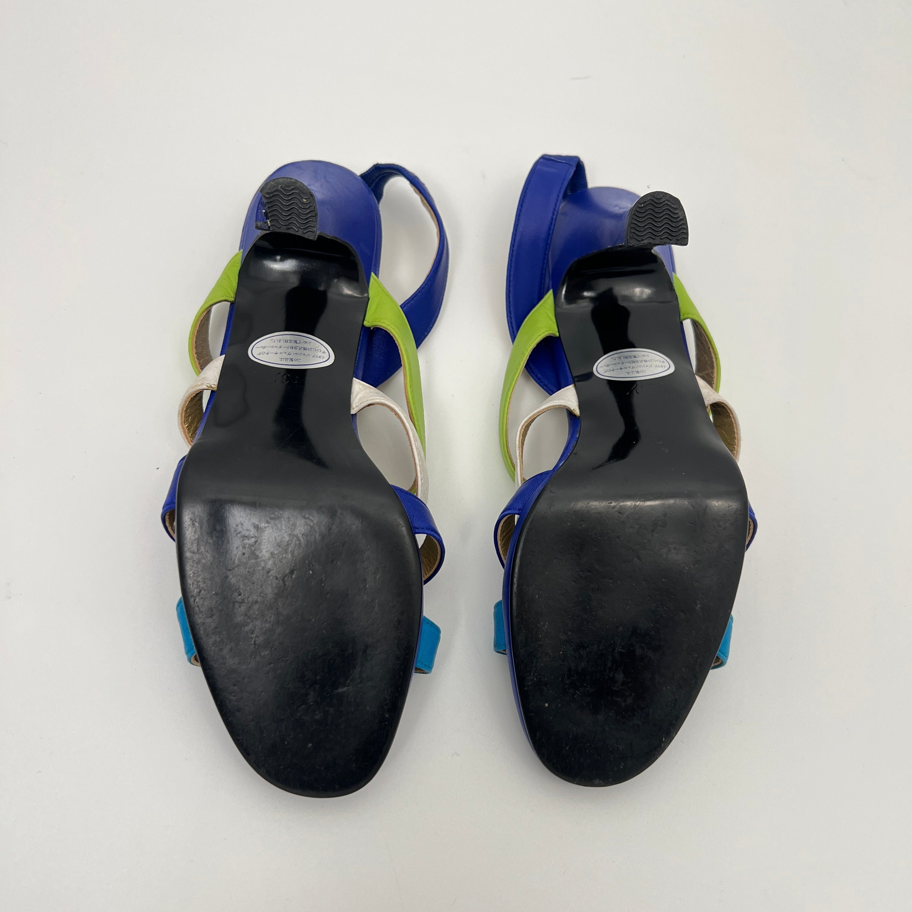 Versace | Vintage Blue Green Leather Gold Logo Strappy Sandal Heels (36.5)