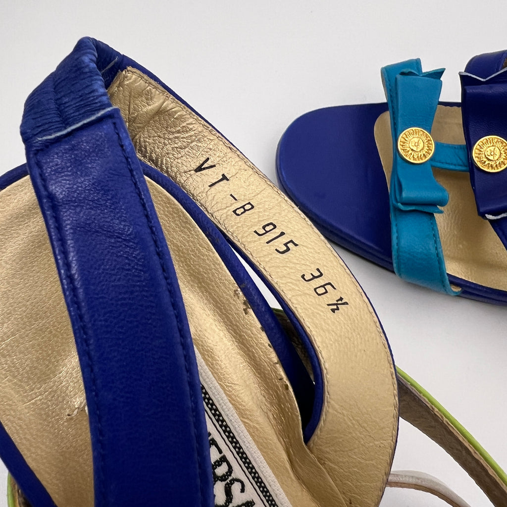 Versace | Vintage Blue Green Leather Gold Logo Strappy Sandal Heels (36.5)