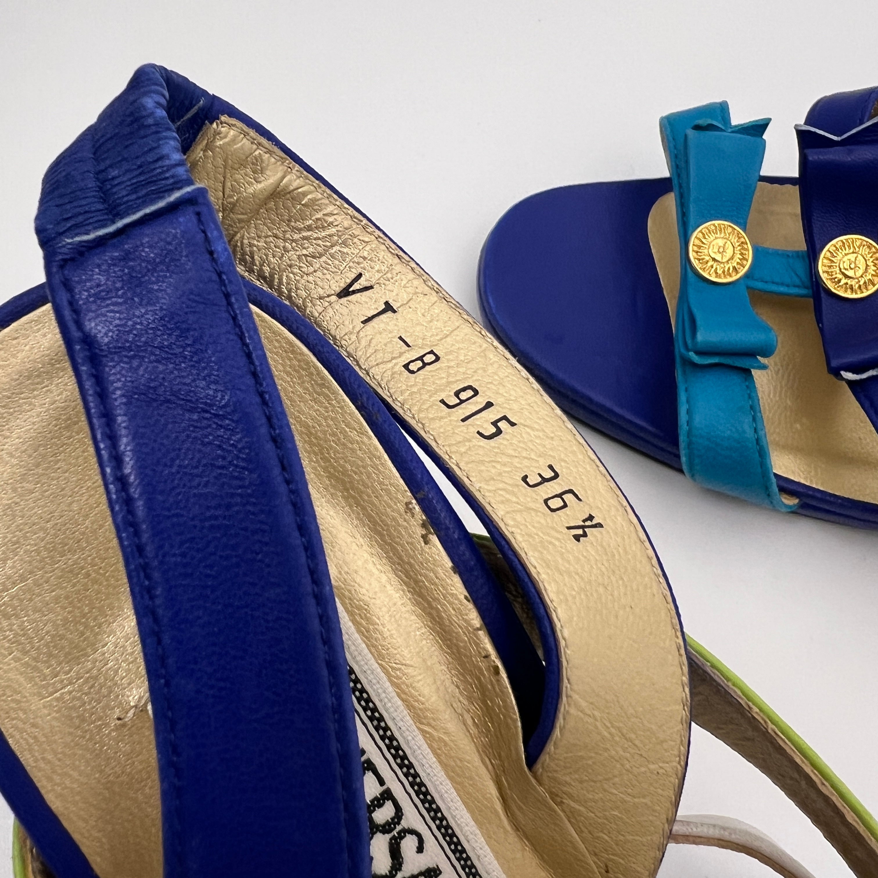 Versace | Vintage Blue Green Leather Gold Logo Strappy Sandal Heels (36.5)