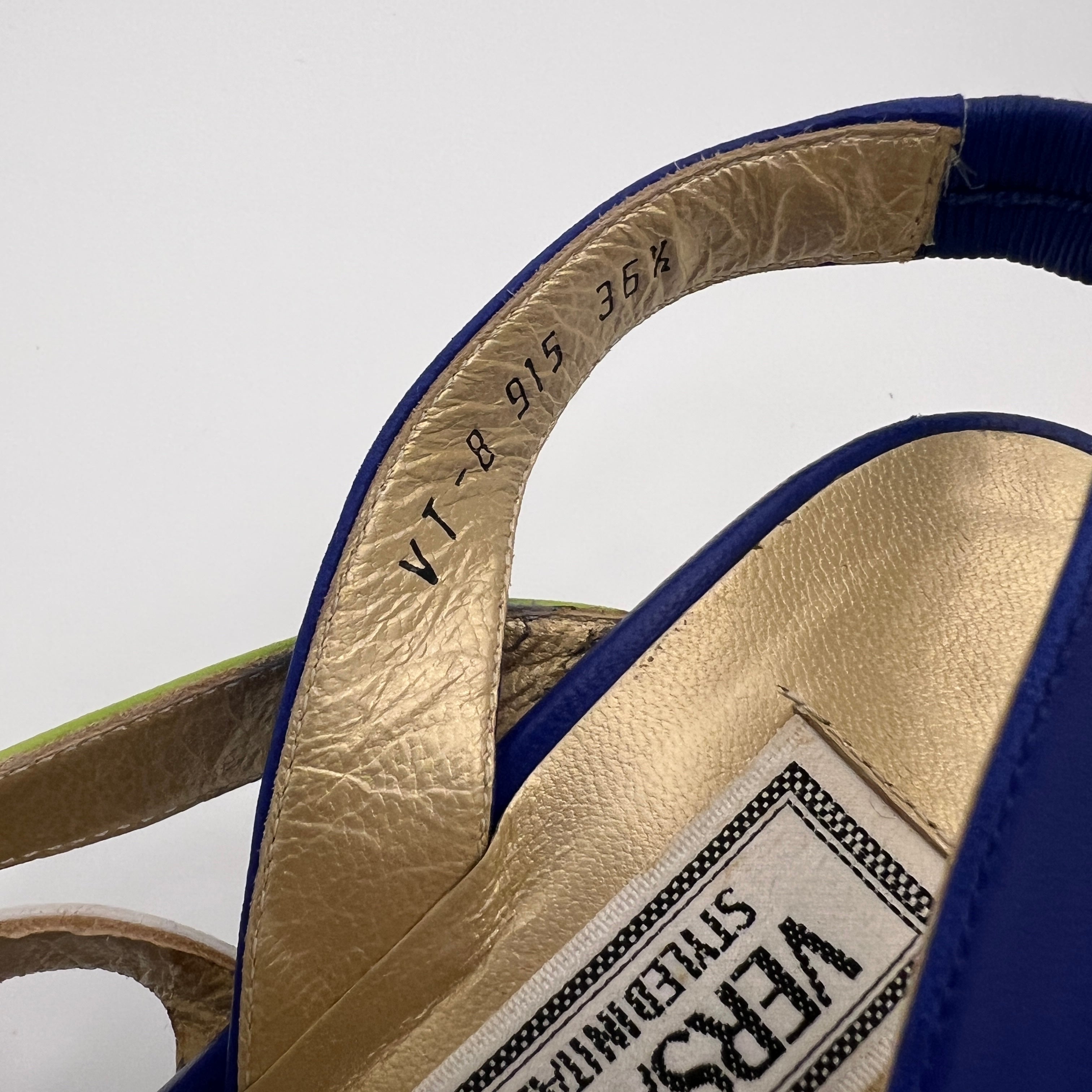 Versace | Vintage Blue Green Leather Gold Logo Strappy Sandal Heels (36.5)