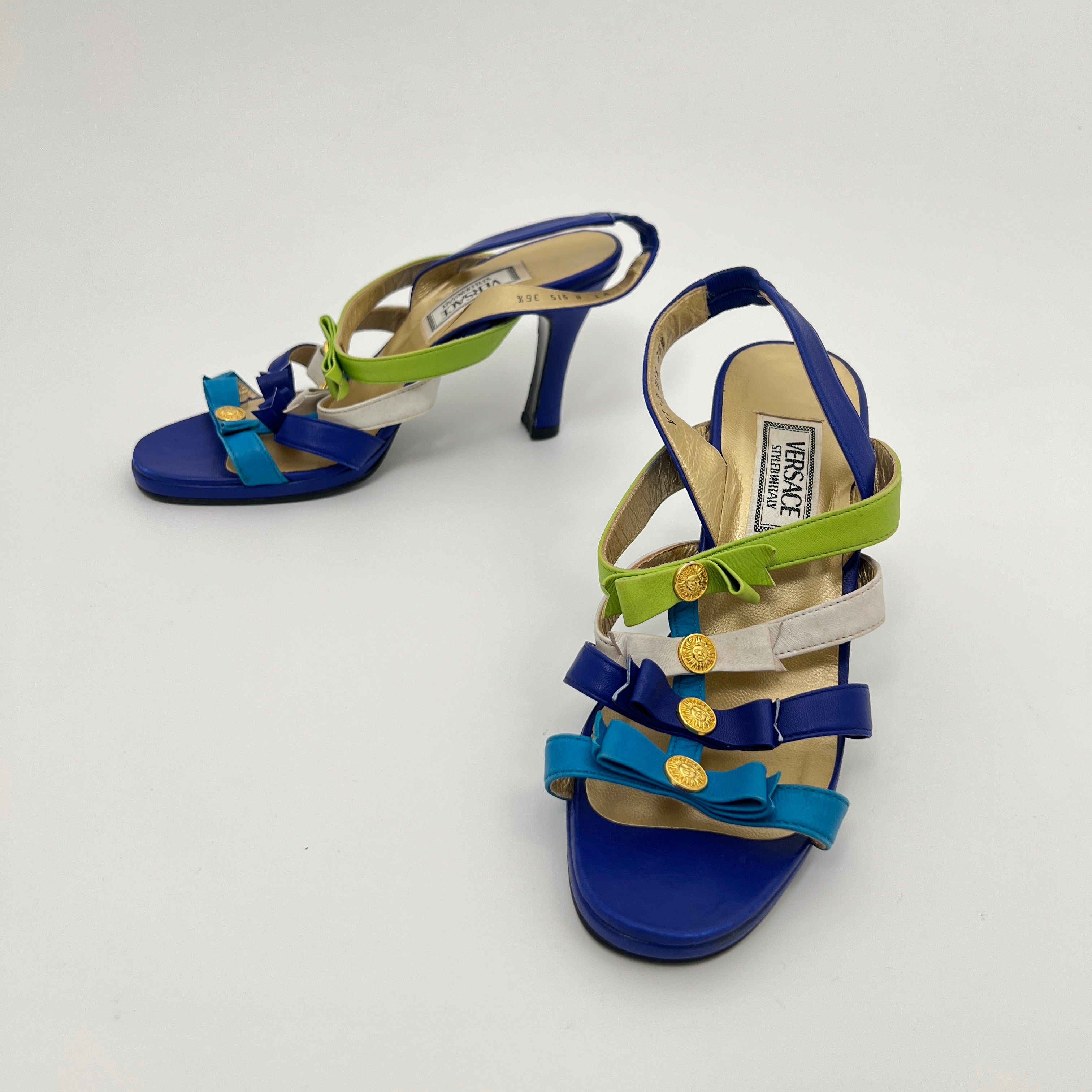 Versace | Vintage Blue Green Leather Gold Logo Strappy Sandal Heels (36.5)