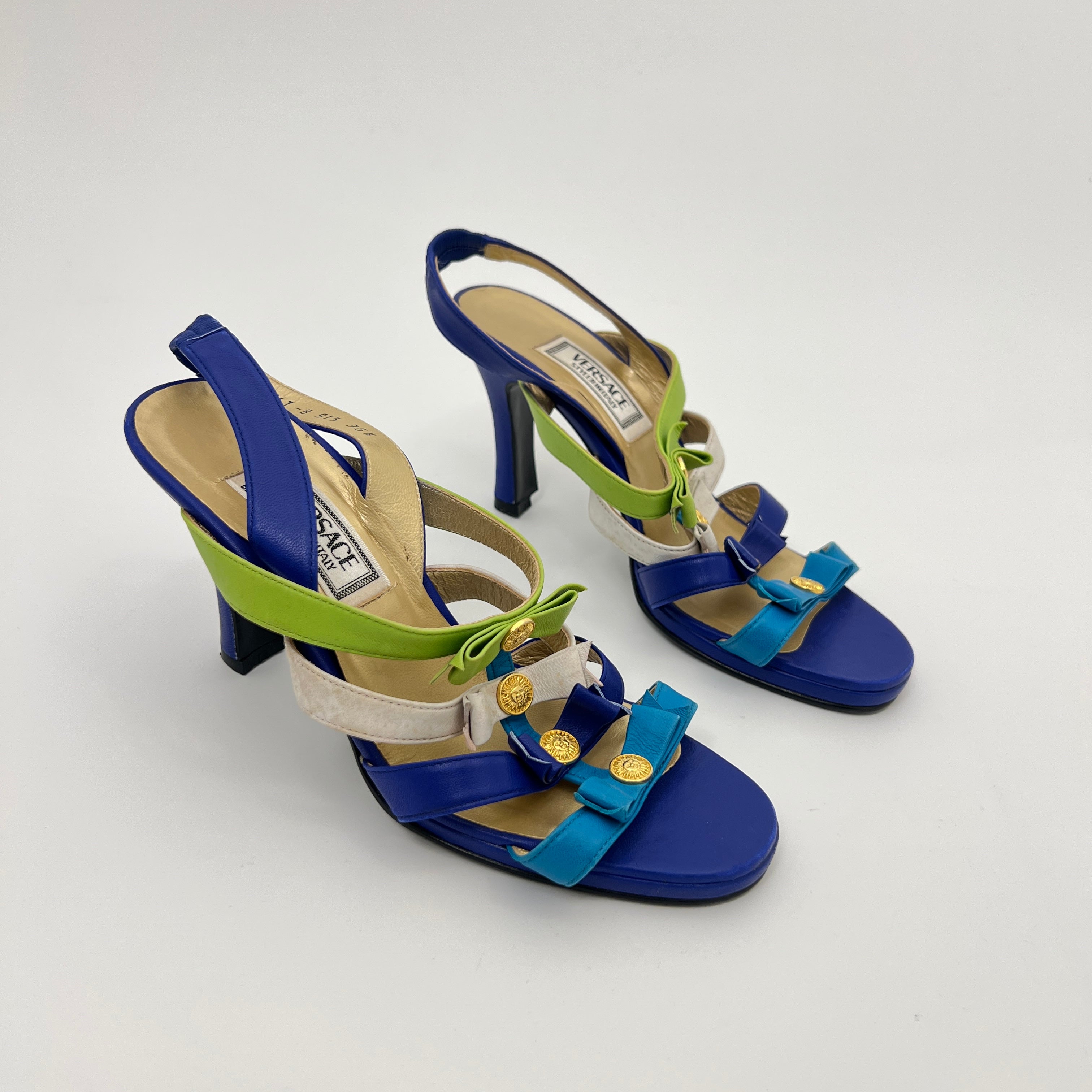 Versace | Vintage Blue Green Leather Gold Logo Strappy Sandal Heels (36.5)
